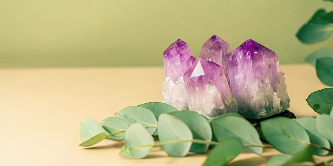 Vibrant purple amethyst cluster on neutral background.