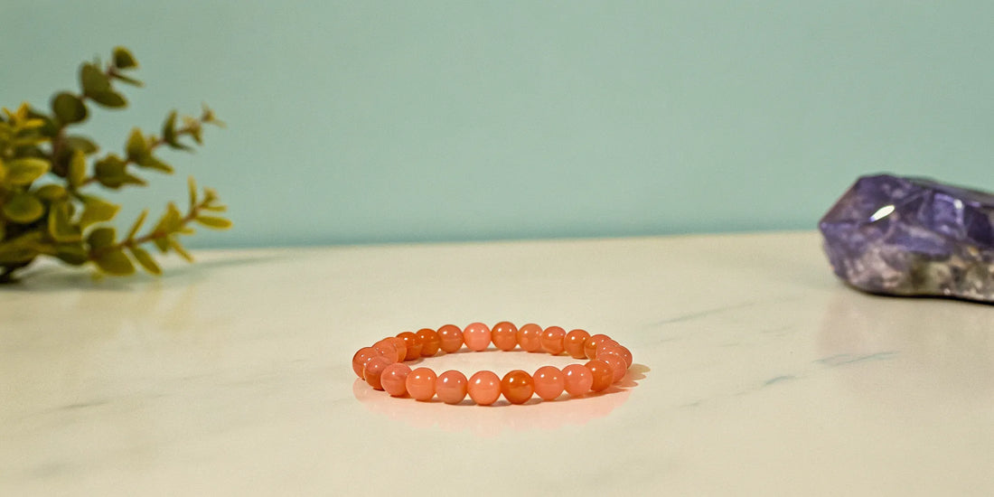 Rose quartz bracelet promoting love, healing, and balance.