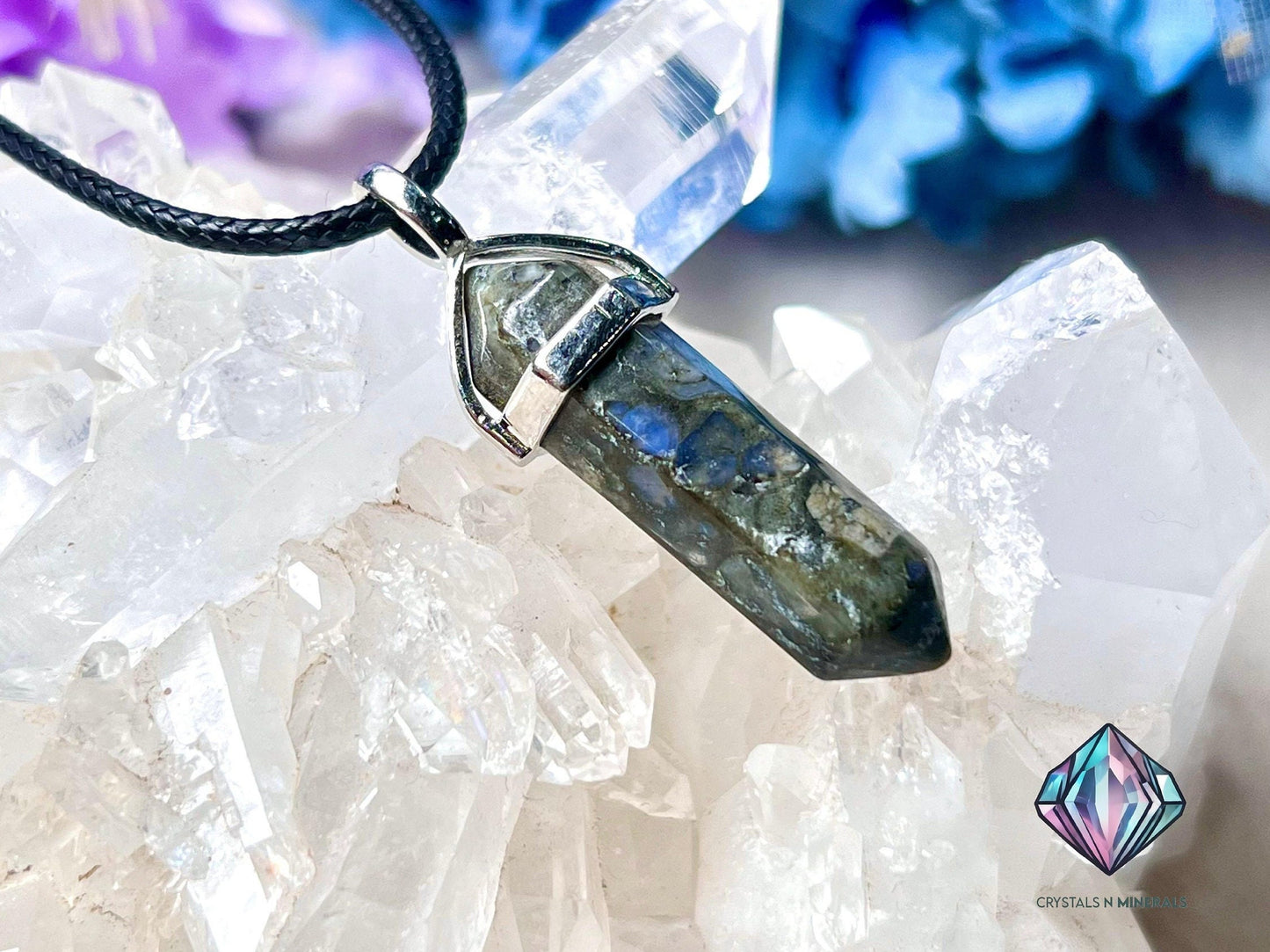 Liberite Que Sera Stone Double Point Pencil Pendant with Black Cord