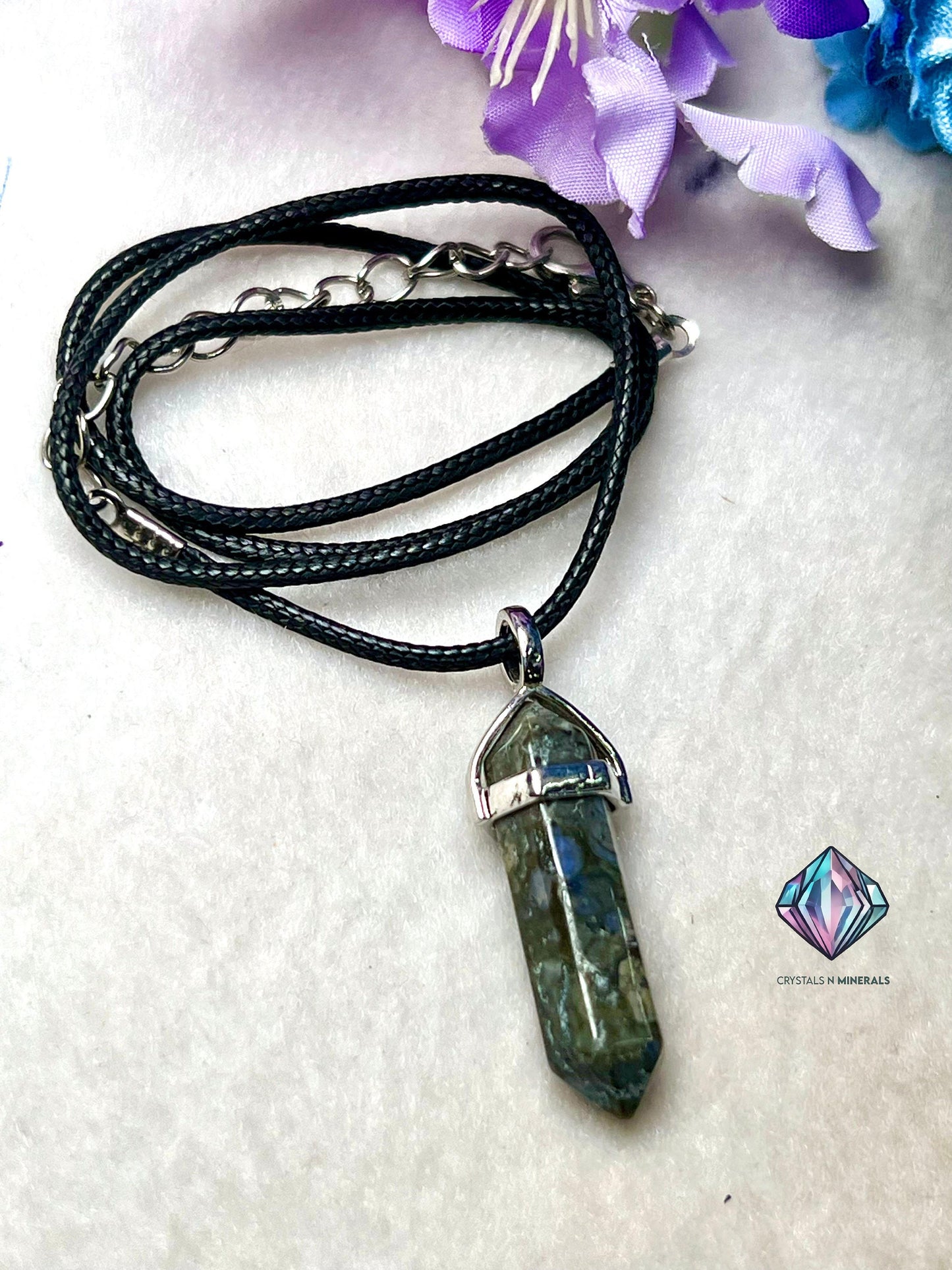 Liberite Que Sera Stone Double Point Pencil Pendant with Black Cord