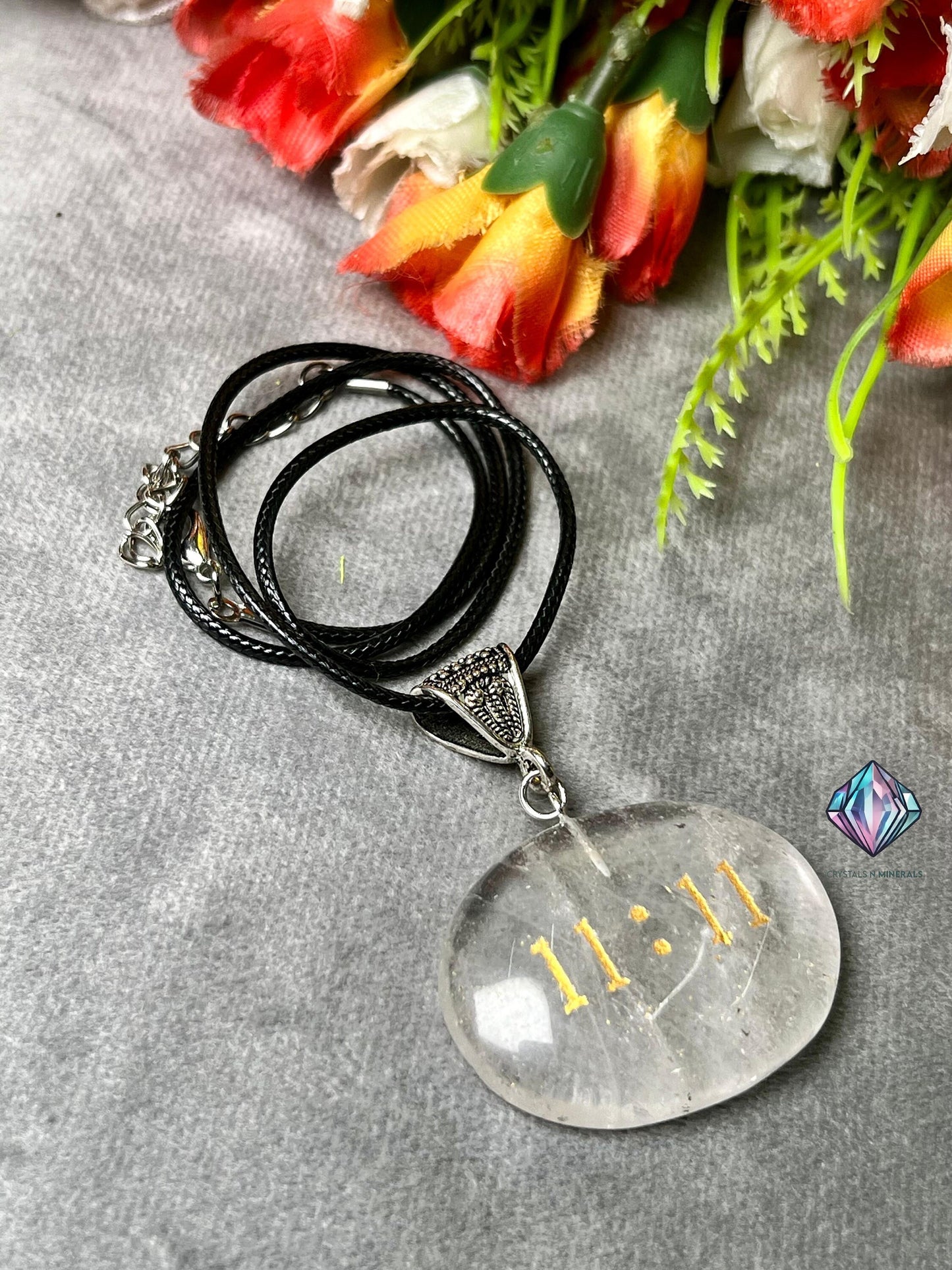 Angel Number 11:11 Himalayan Crystal Quartz Stone Zibu Angelic Symbol Pendant With Black Cord