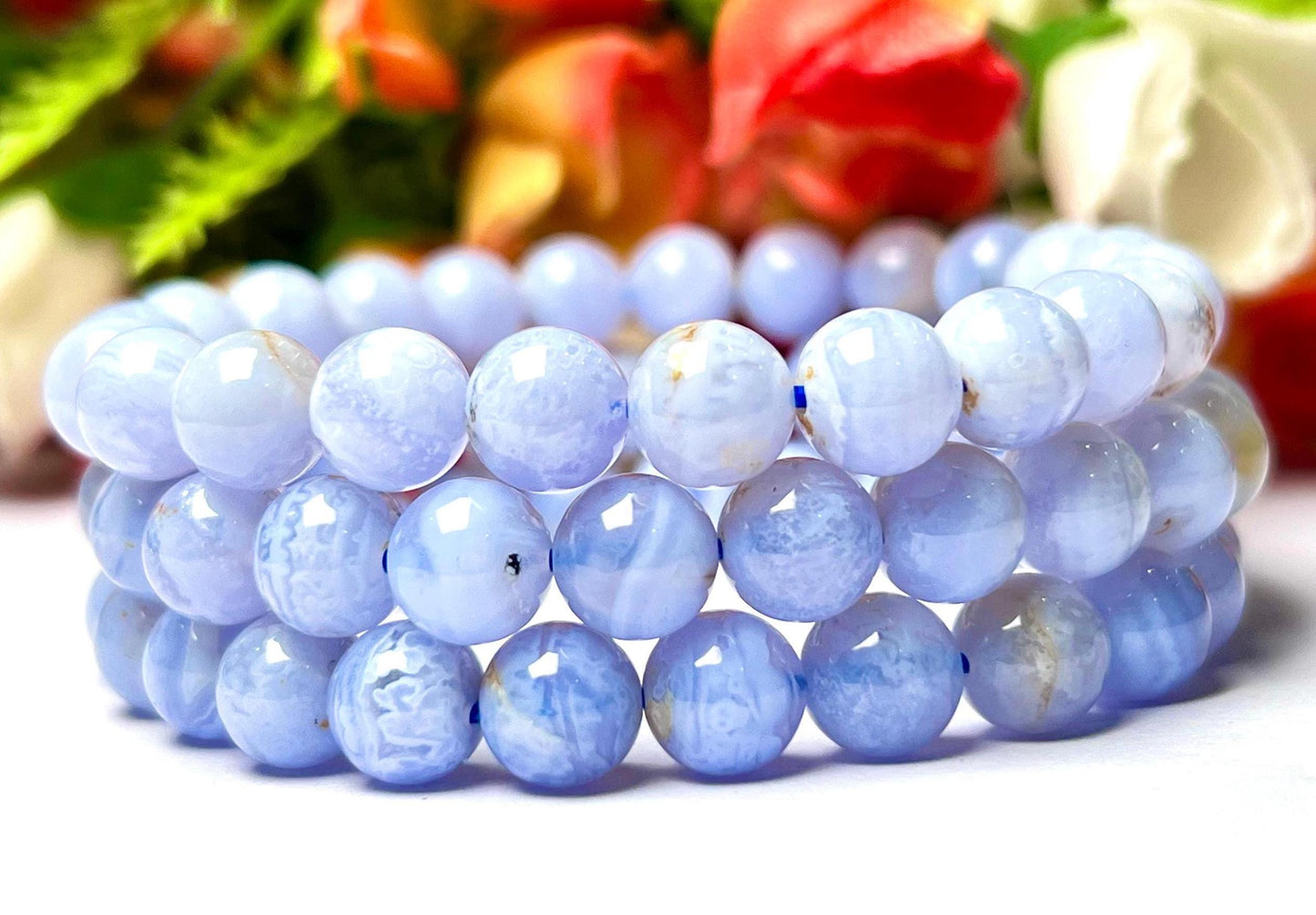14 MM Bluelace Agate Stone Bracelet l Stretchable Bracelet l Unisex Bracelet