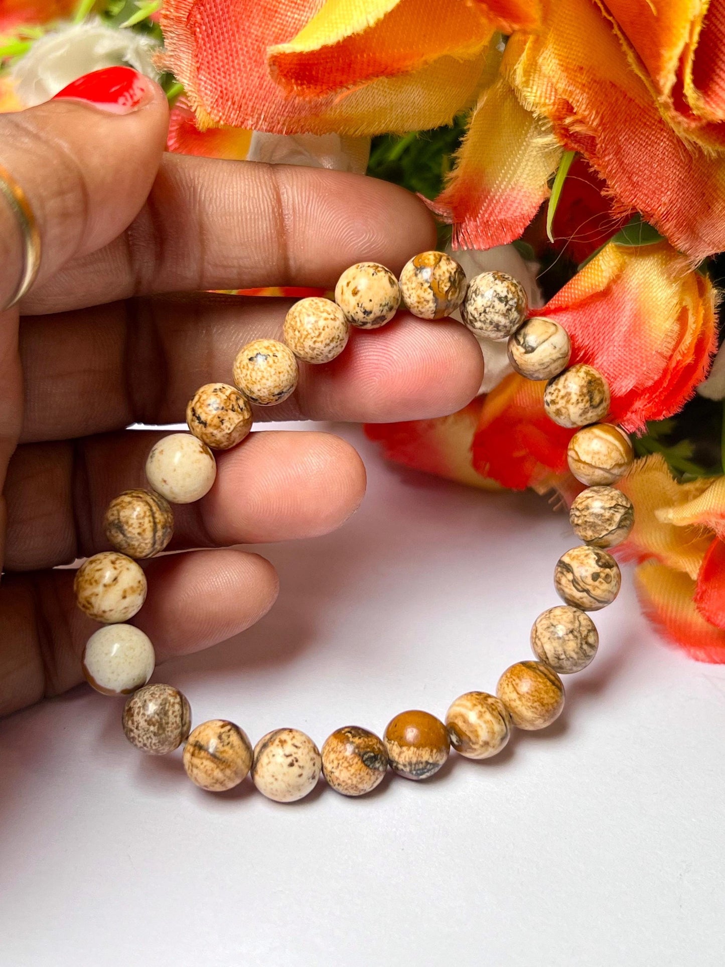 Picture Jasper Stone Bracelet l Stretchable Bracelet l Unisex Bracelet l 8 MM Bracelet
