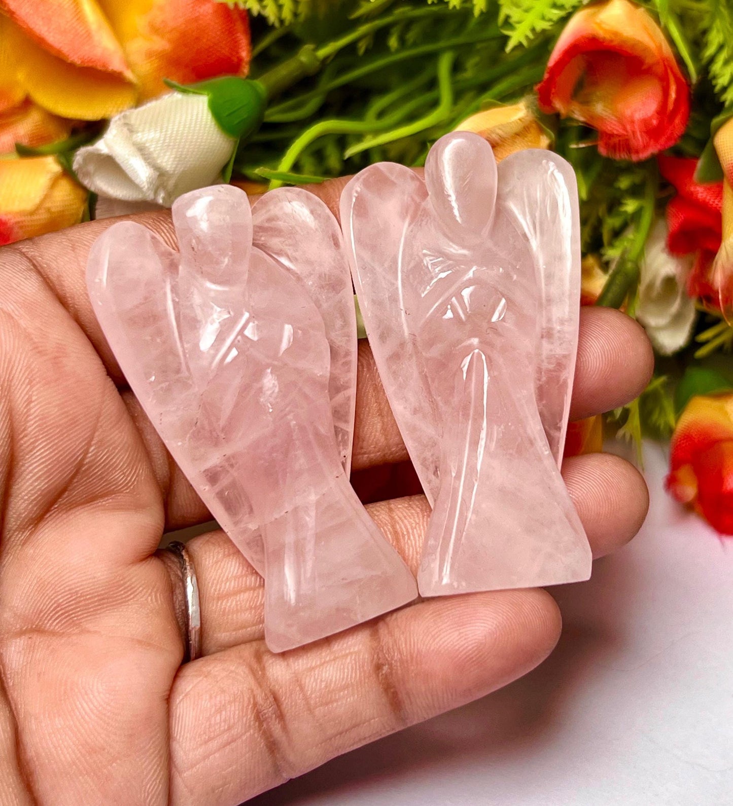 2" Rose Quartz Stone ANGEL One(1)Piece Free standing guardian Angel crystal Reiki energy blessed hand carved Pocket Angel Angelic connection