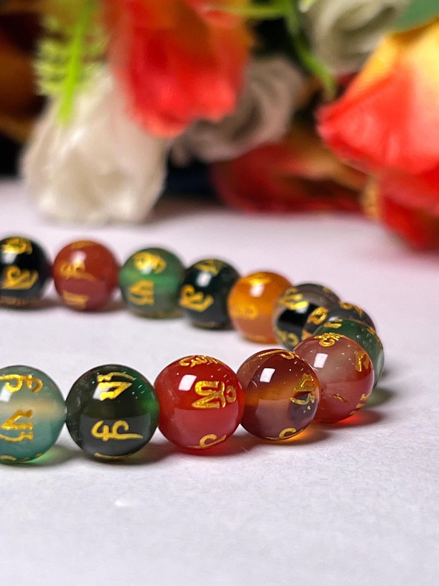 10 MM Om Mani Padme Hum Multi Onyx Stone Bracelet l Stretchable Bracelet l Unisex Bracelet