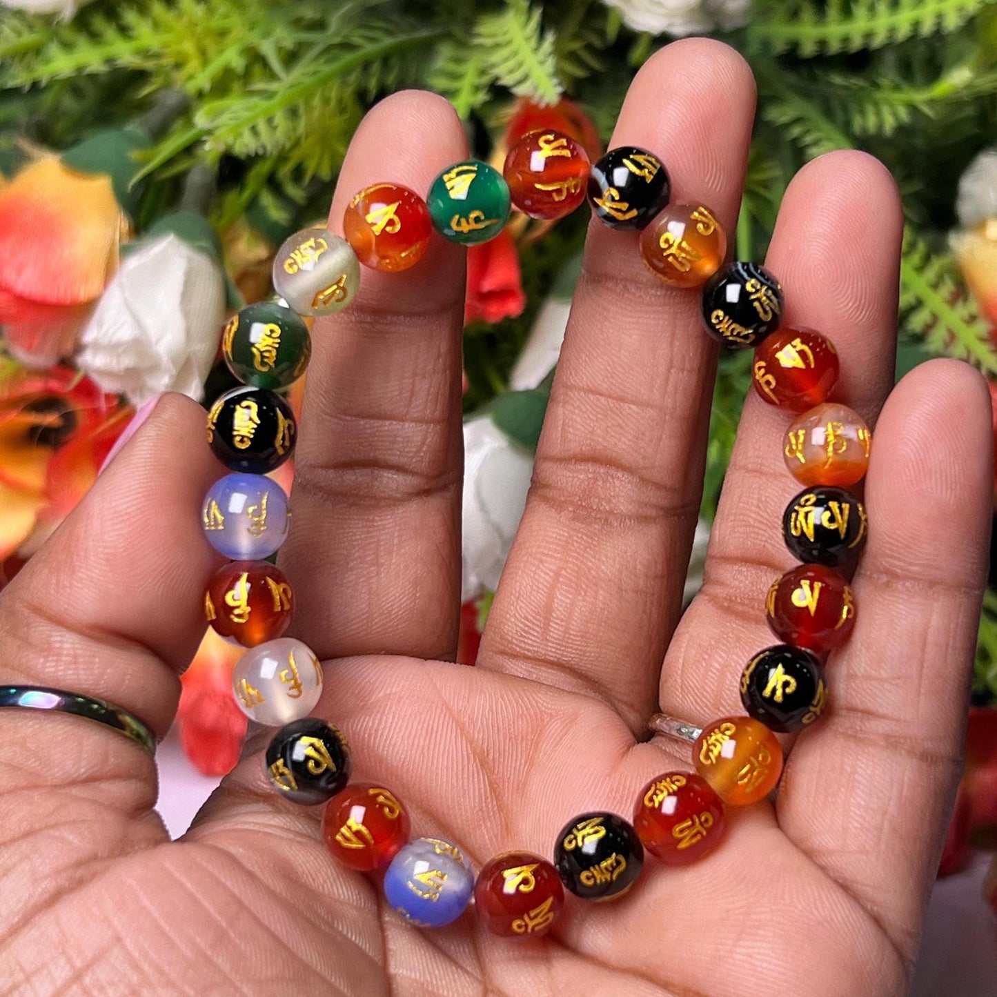 10 MM Om Mani Padme Hum Multi Onyx Stone Bracelet l Stretchable Bracelet l Unisex Bracelet
