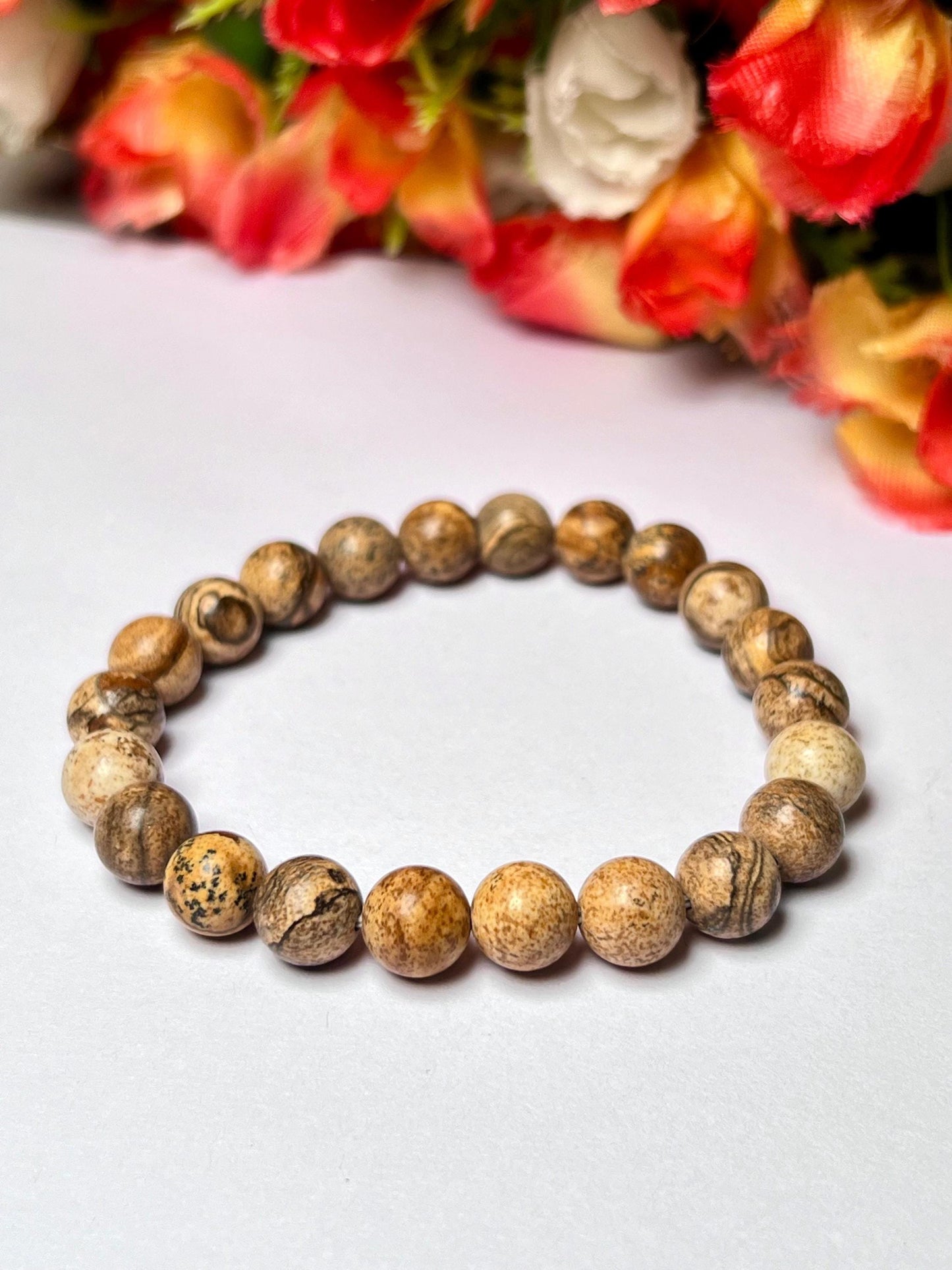 Picture Jasper Stone Bracelet l Stretchable Bracelet l Unisex Bracelet l 8 MM Bracelet