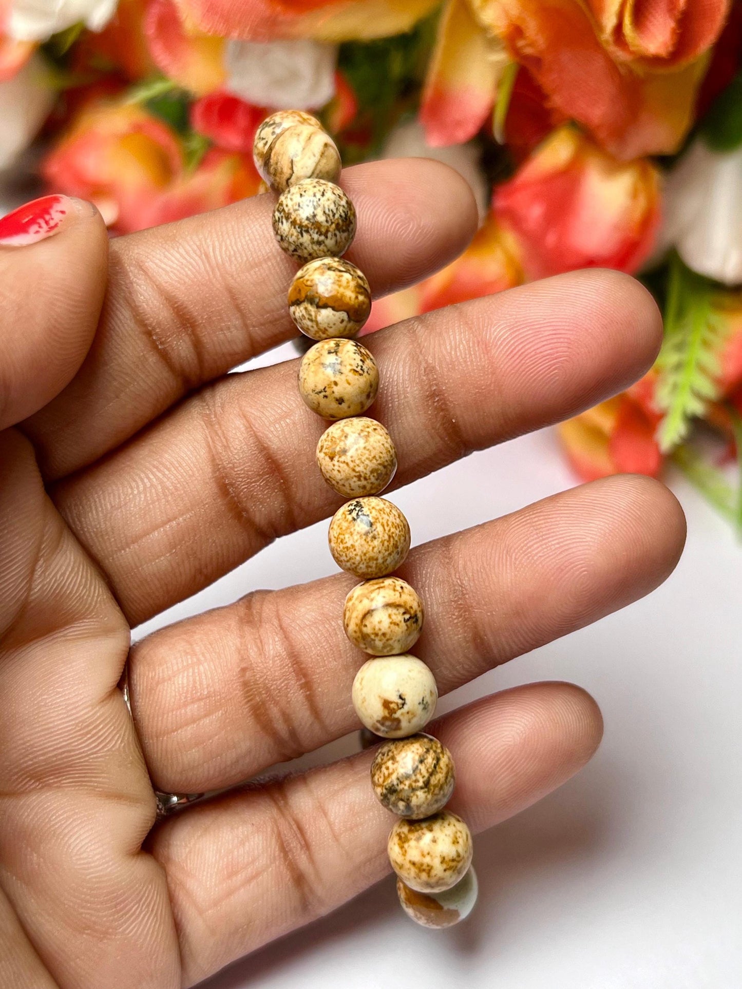 Picture Jasper Stone Bracelet l Stretchable Bracelet l Unisex Bracelet l 8 MM Bracelet