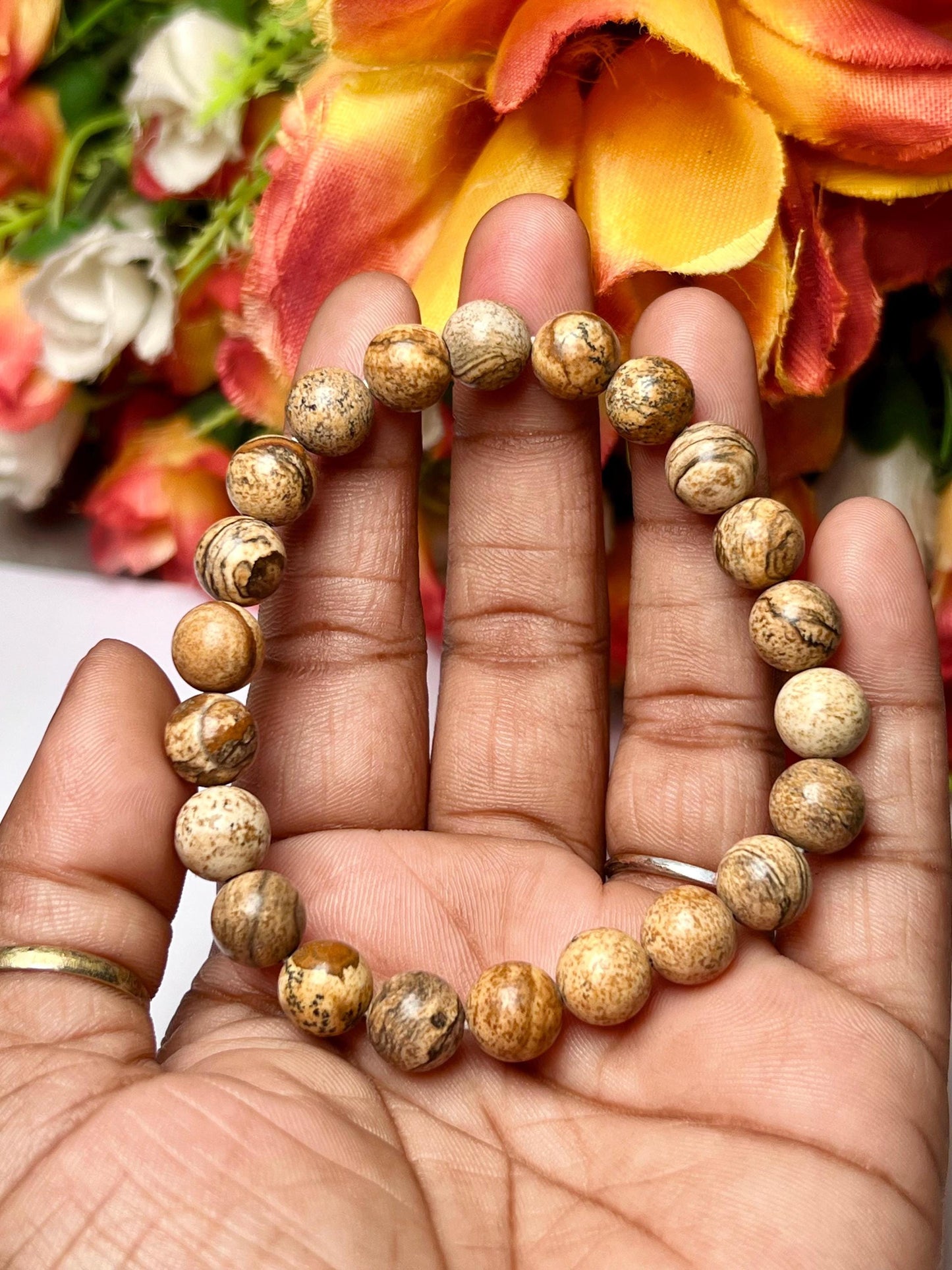Picture Jasper Stone Bracelet l Stretchable Bracelet l Unisex Bracelet l 8 MM Bracelet
