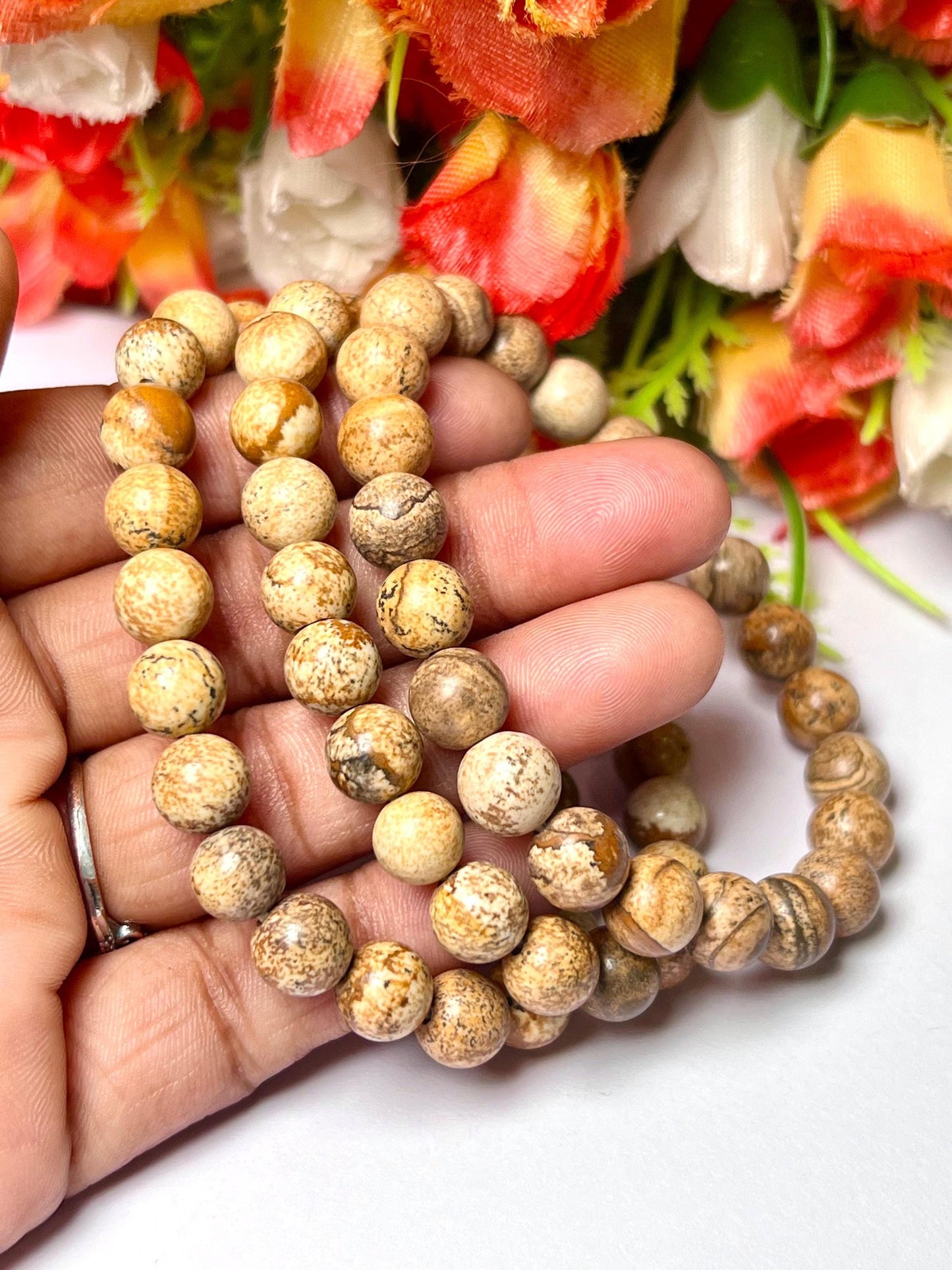 Picture Jasper Stone Bracelet l Stretchable Bracelet l Unisex Bracelet l 8 MM Bracelet