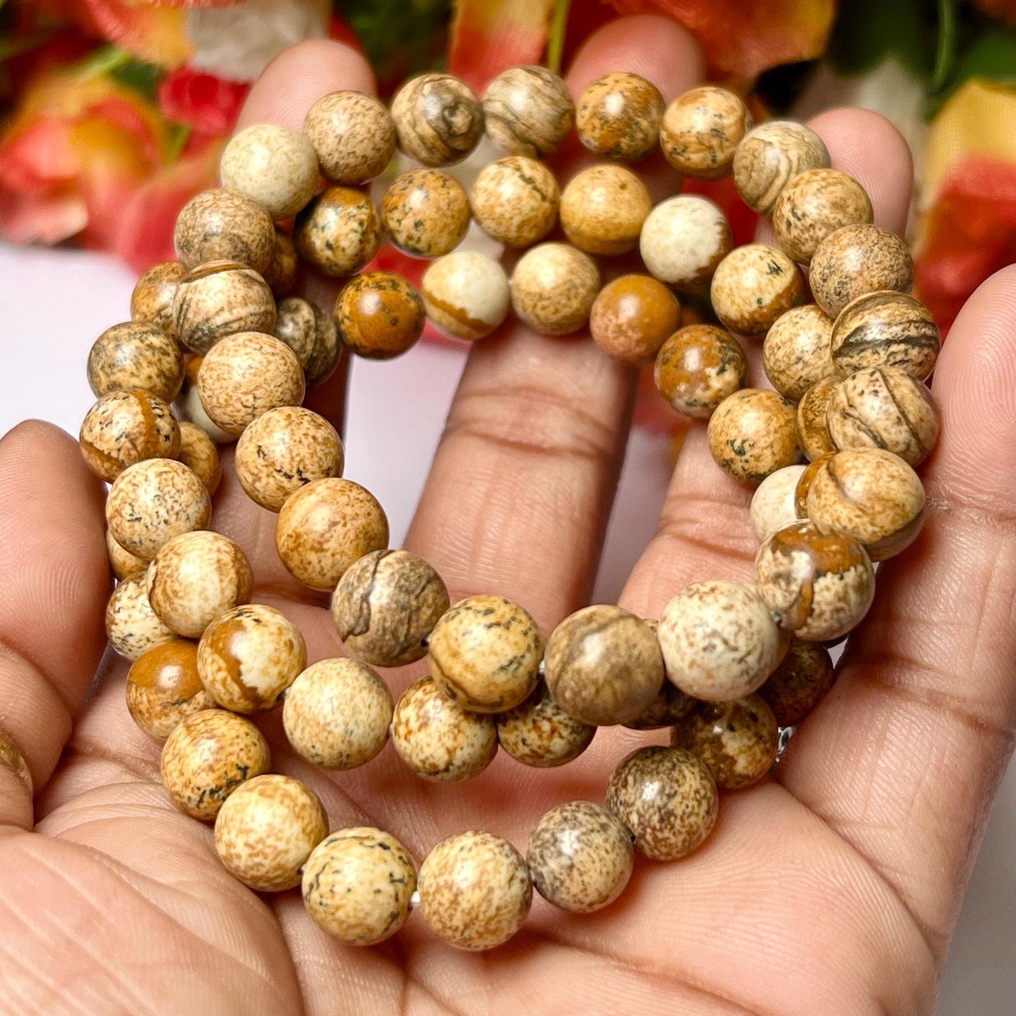 Picture Jasper Stone Bracelet l Stretchable Bracelet l Unisex Bracelet l 8 MM Bracelet