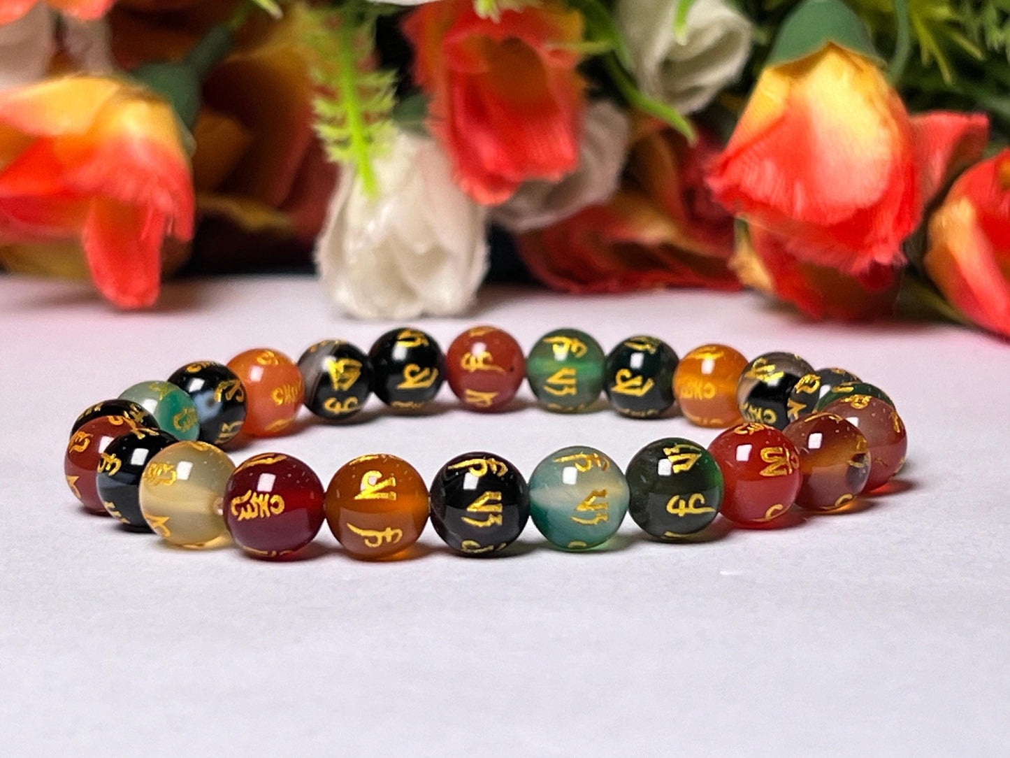 10 MM Om Mani Padme Hum Multi Onyx Stone Bracelet l Stretchable Bracelet l Unisex Bracelet
