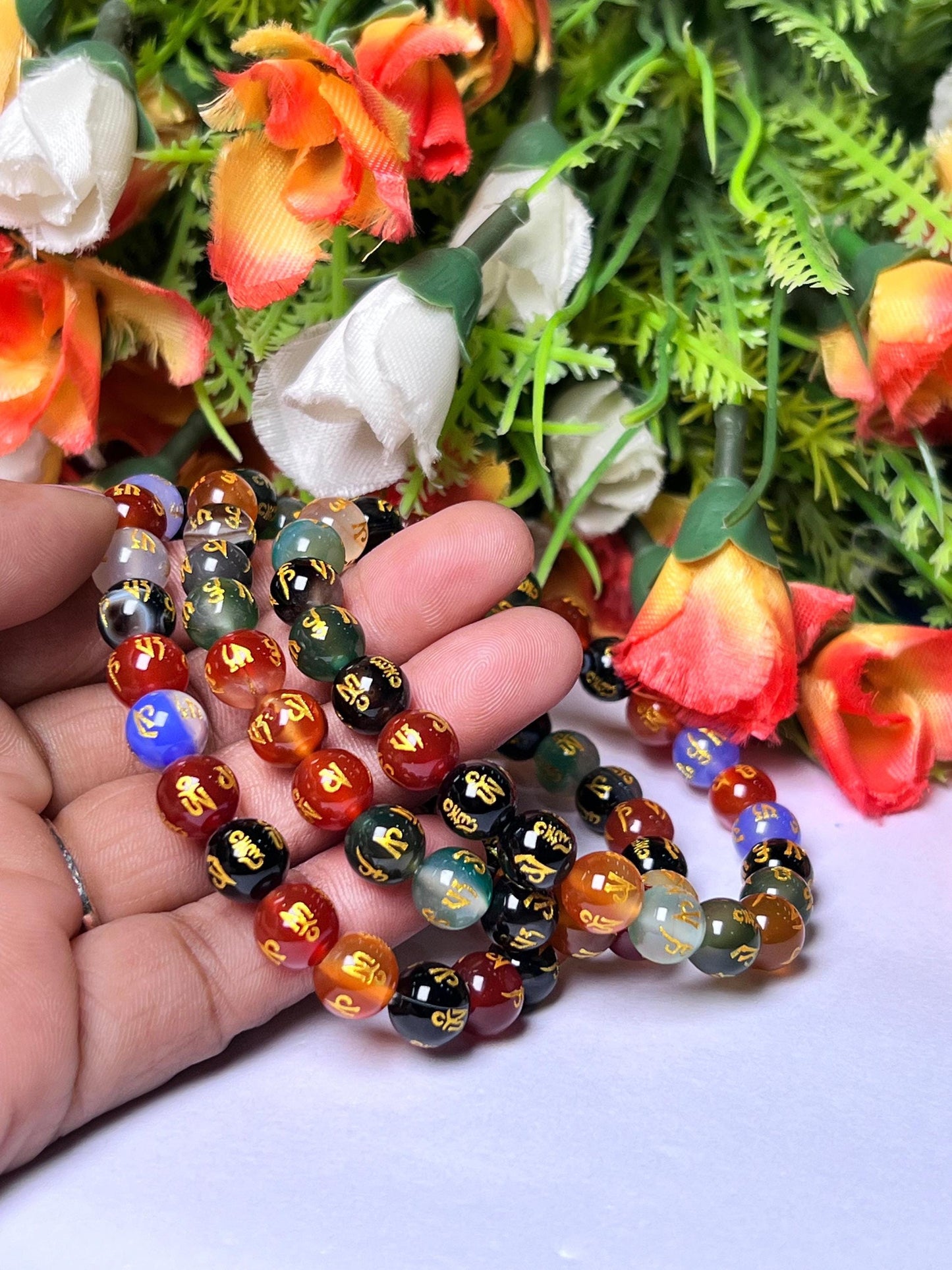 10 MM Om Mani Padme Hum Multi Onyx Stone Bracelet l Stretchable Bracelet l Unisex Bracelet