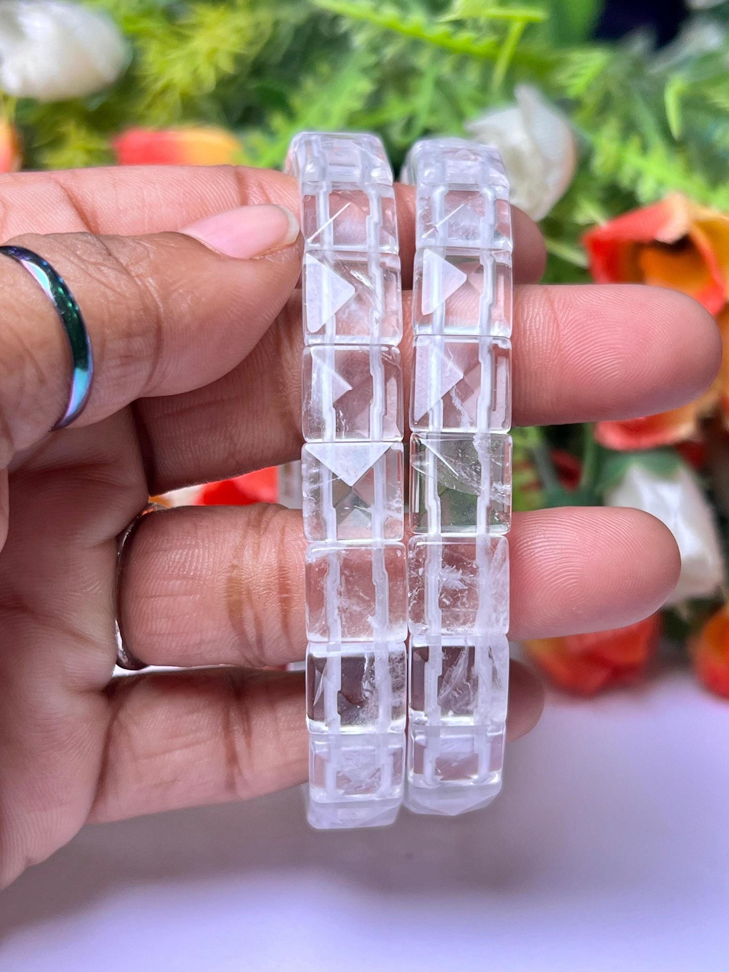 Tibetan Crystal Quartz Stone Pyramid Shape 10 MM Bracelet