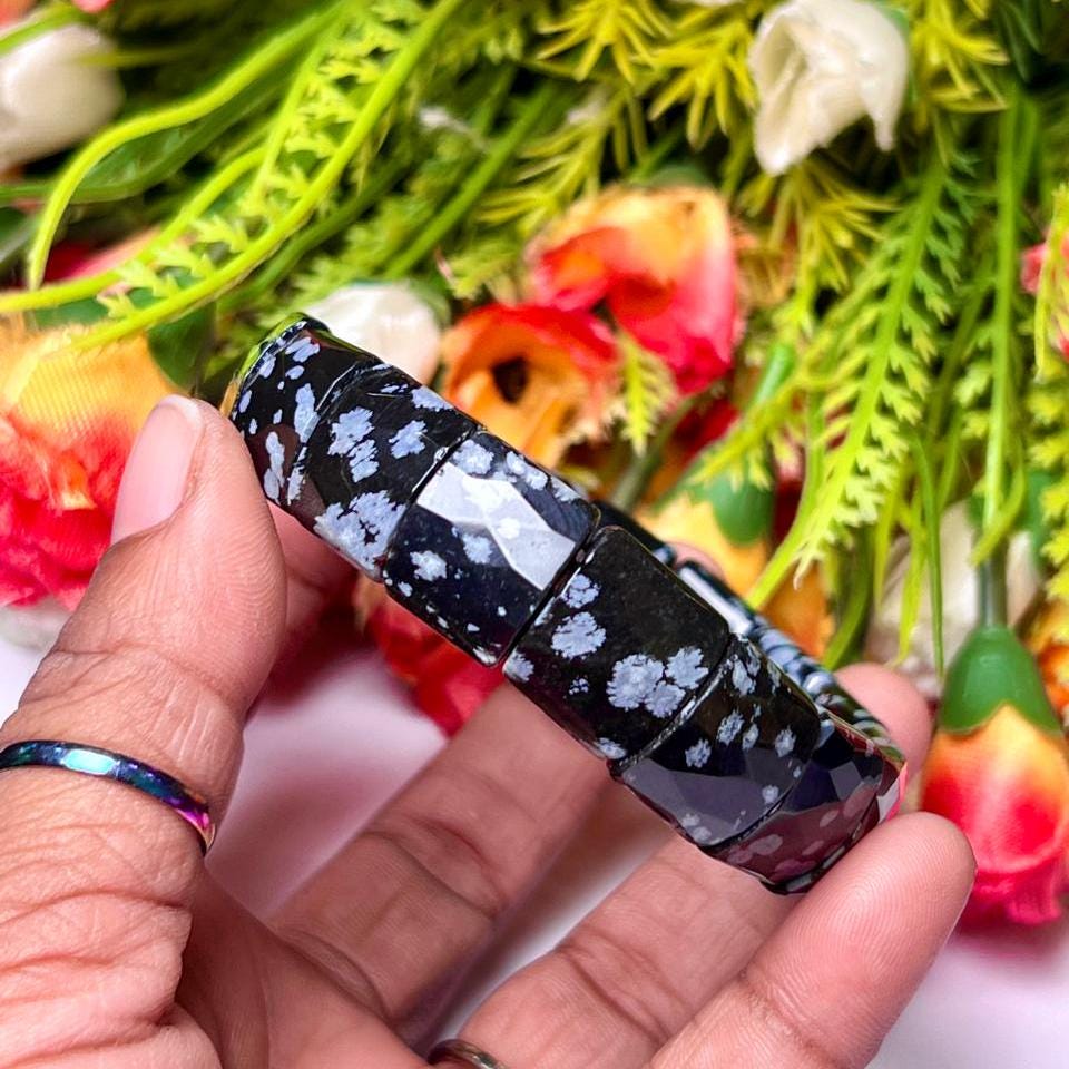 15 MM Snowflake Obsidian Stone Bracelet l Stretchable Bracelet