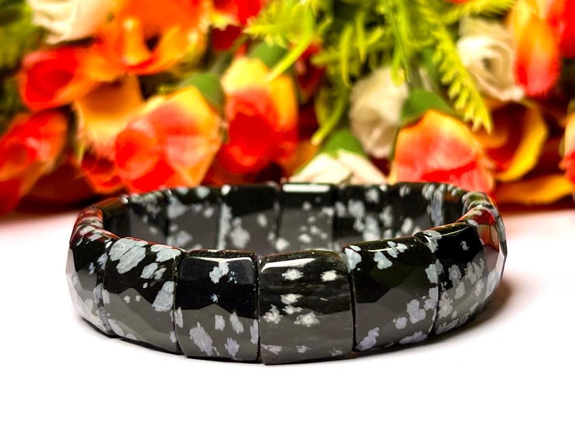 15 MM Snowflake Obsidian Stone Bracelet l Stretchable Bracelet