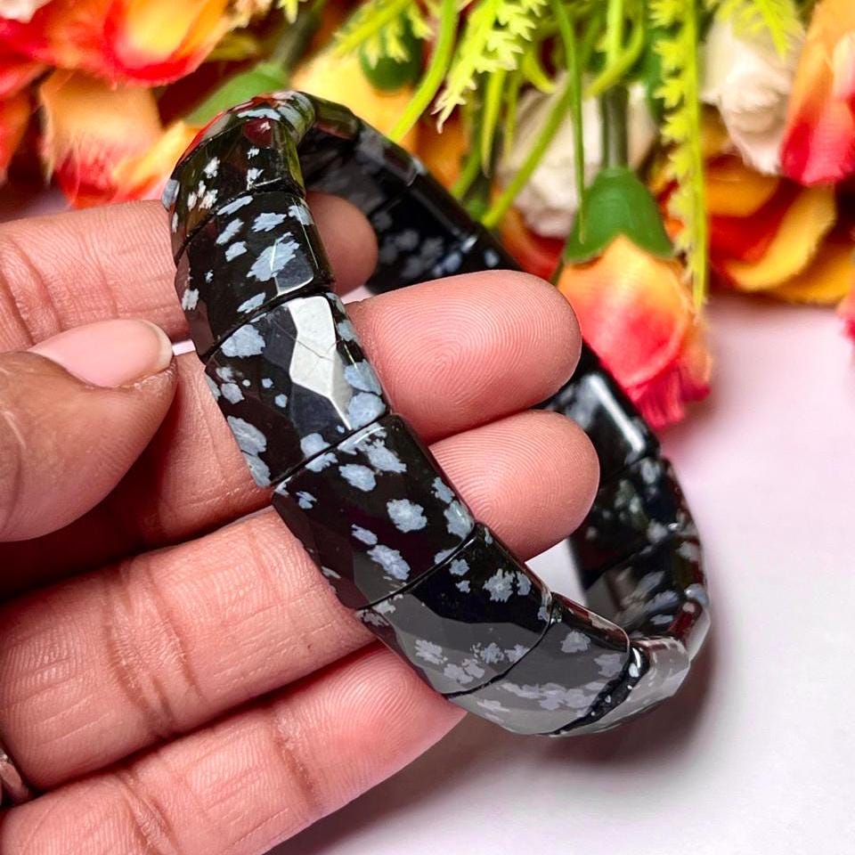 15 MM Snowflake Obsidian Stone Bracelet l Stretchable Bracelet