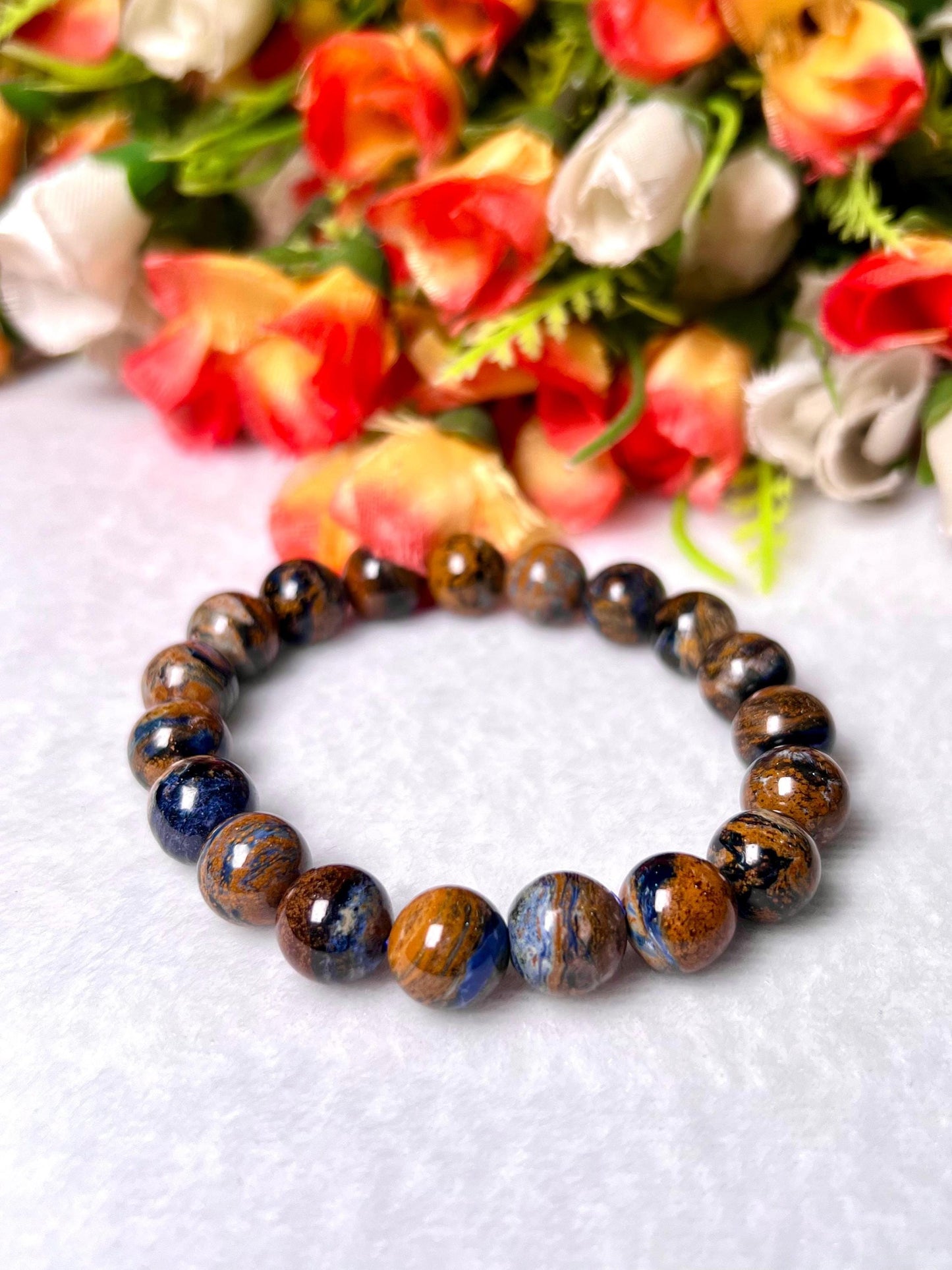 12 MM Blue Rainbow Pietersite Stone Bracelet l Stretchable Bracelet l Unisex Bracelet