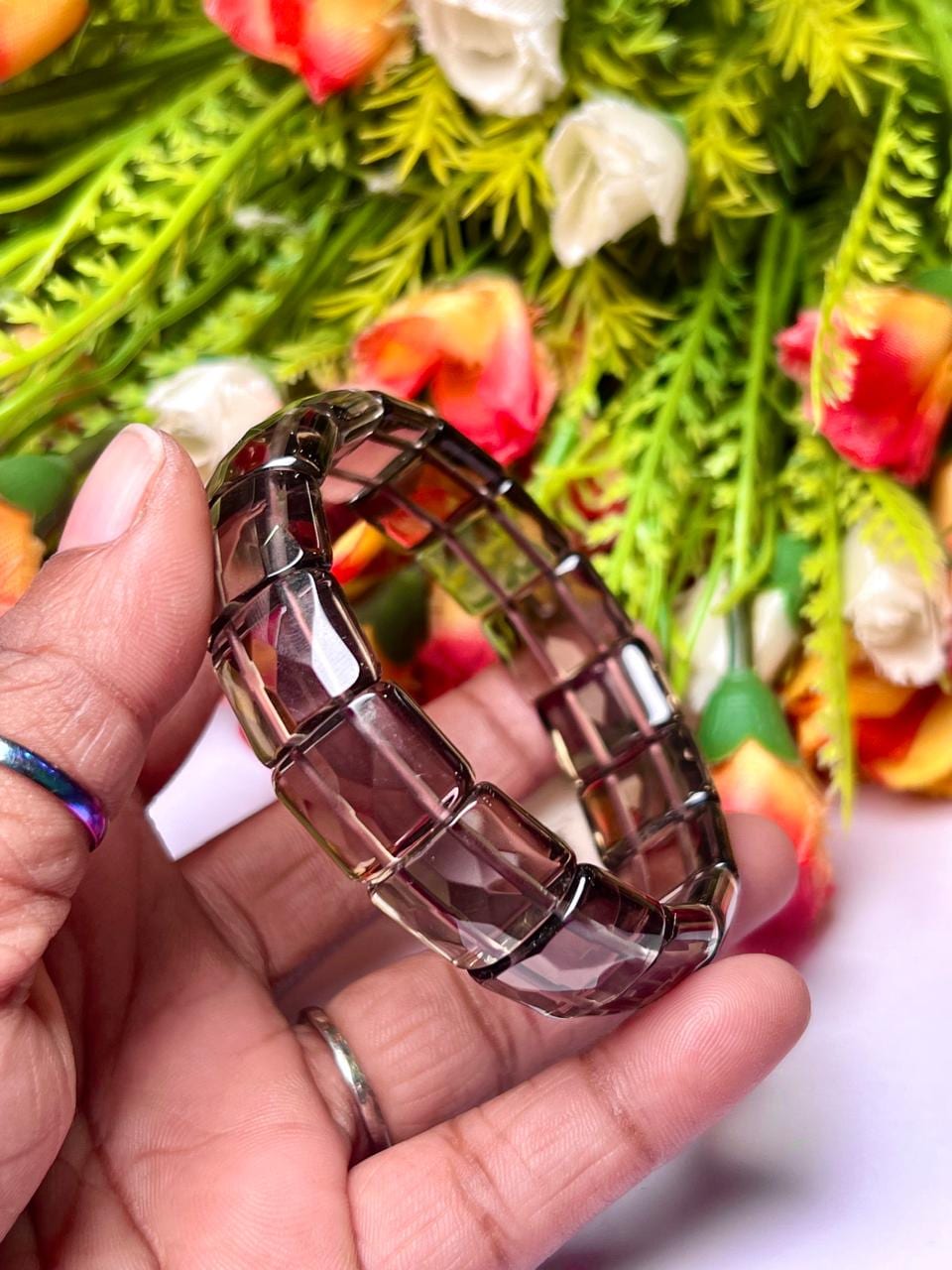 15 MM Smoky Quartz Stone Bracelet l Stretchable Bracelet
