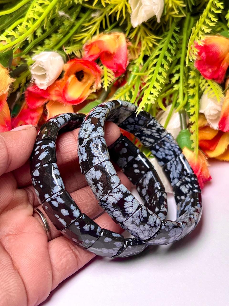 15 MM Snowflake Obsidian Stone Bracelet l Stretchable Bracelet