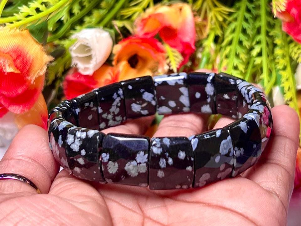 15 MM Snowflake Obsidian Stone Bracelet l Stretchable Bracelet