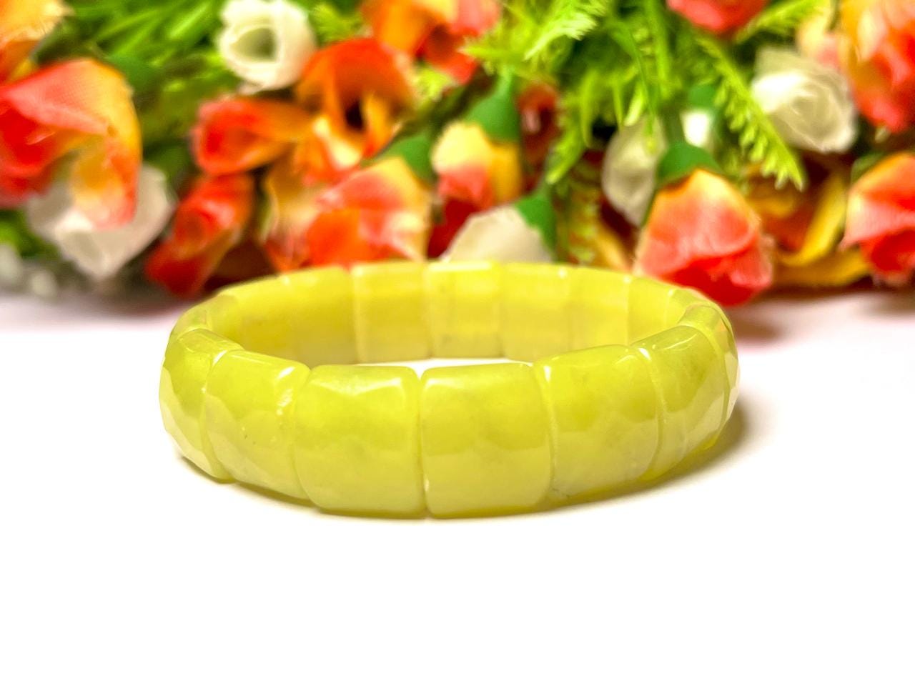 15 MM Yellow Lizardite Stone Bracelet l Stretchable Bracelet