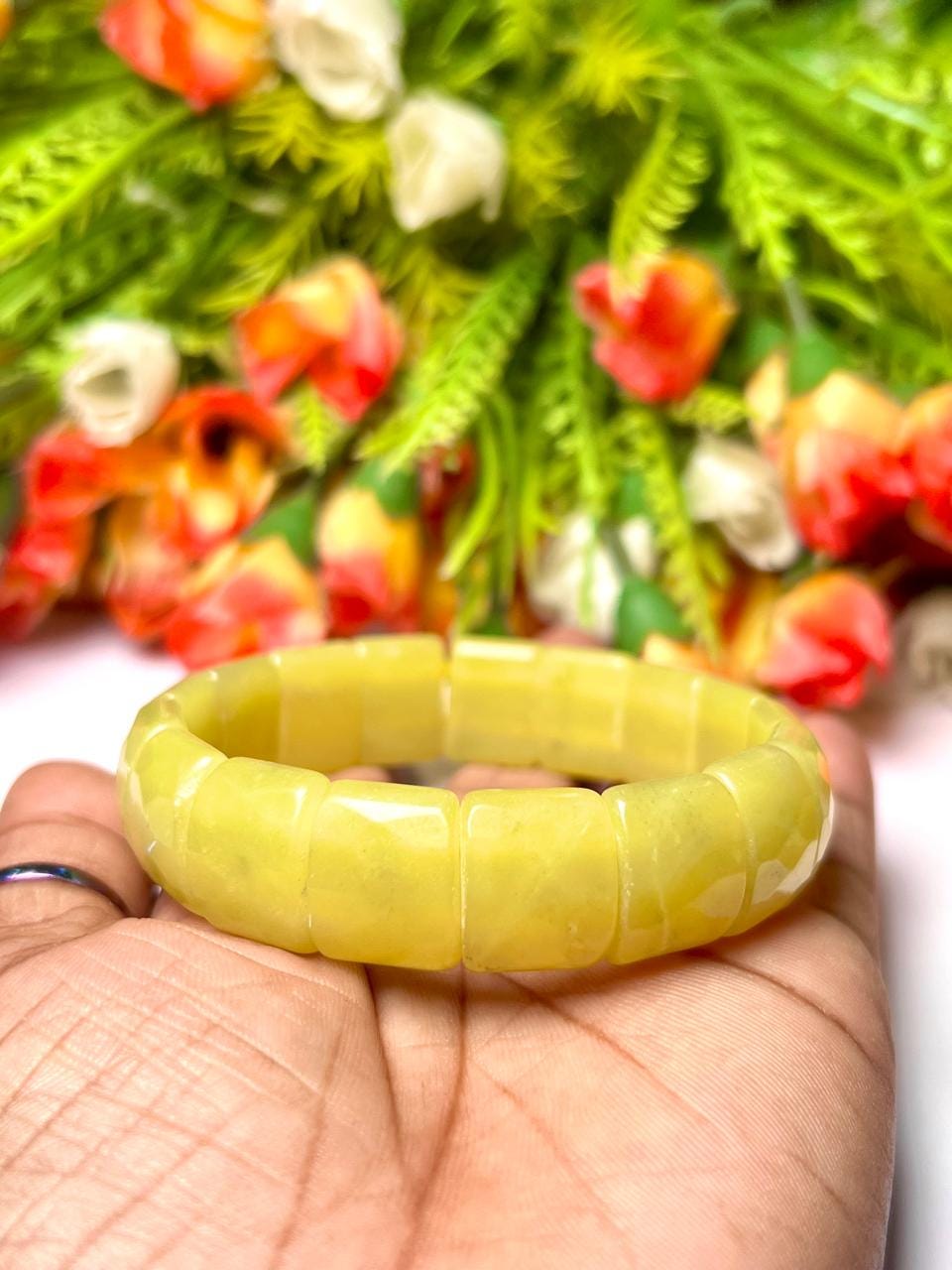 15 MM Yellow Lizardite Stone Bracelet l Stretchable Bracelet