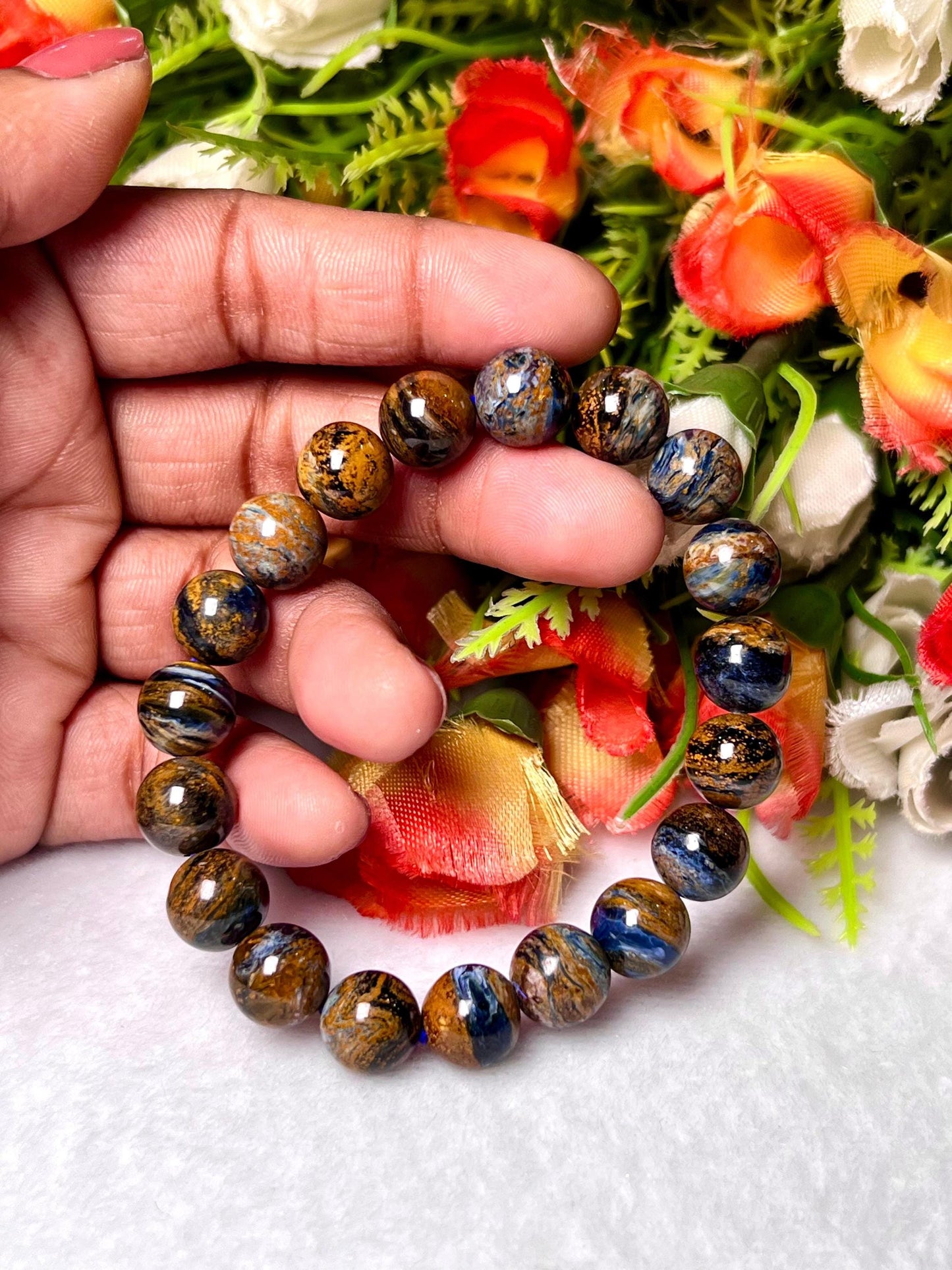 12 MM Blue Rainbow Pietersite Stone Bracelet l Stretchable Bracelet l Unisex Bracelet
