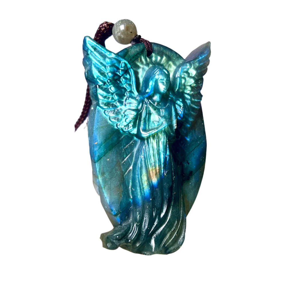 Labradorite Stone Angel Pendant – 2.1" Guardian Angel Necklace for Protection & Inner Light