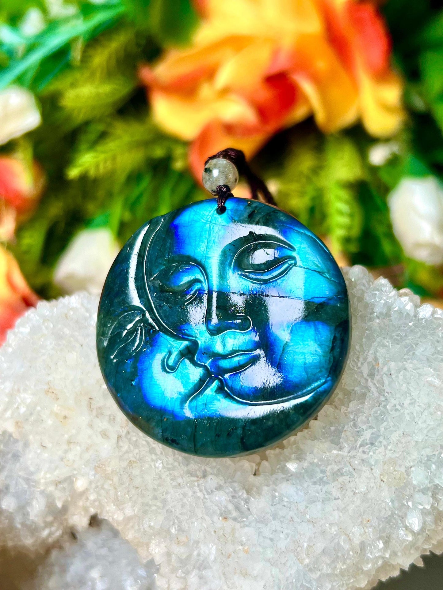 2" Labradorite Stone Sun and Moon Face Carving Pendant Necklace – Mystical Glow for Balance & Protection