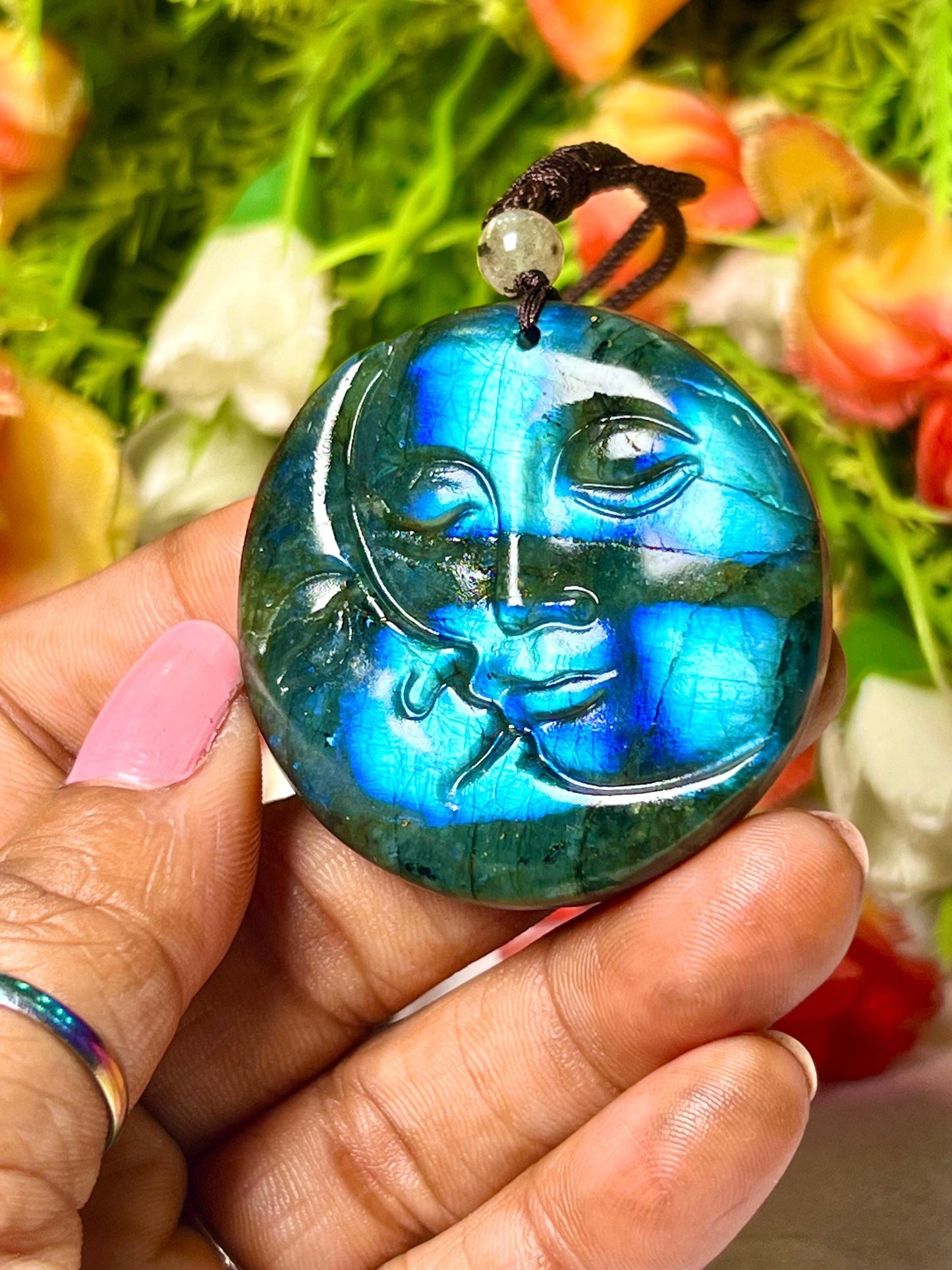 2" Labradorite Stone Sun and Moon Face Carving Pendant Necklace – Mystical Glow for Balance & Protection