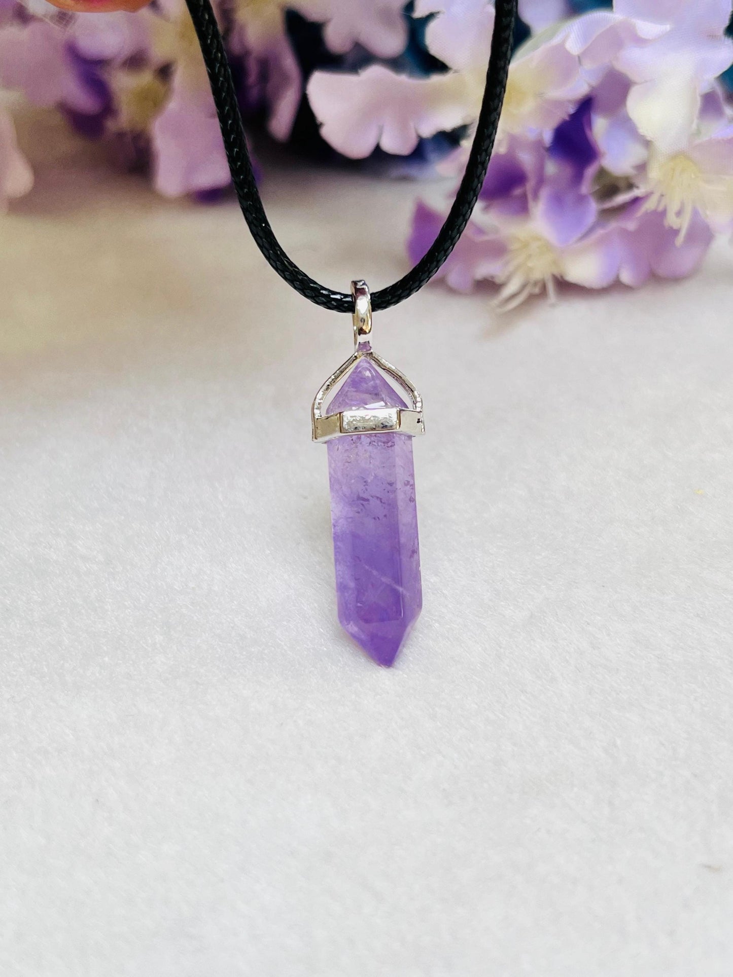 Vera Cruz Amethyst Stone Double Point Pencil Pendant with Black Cord