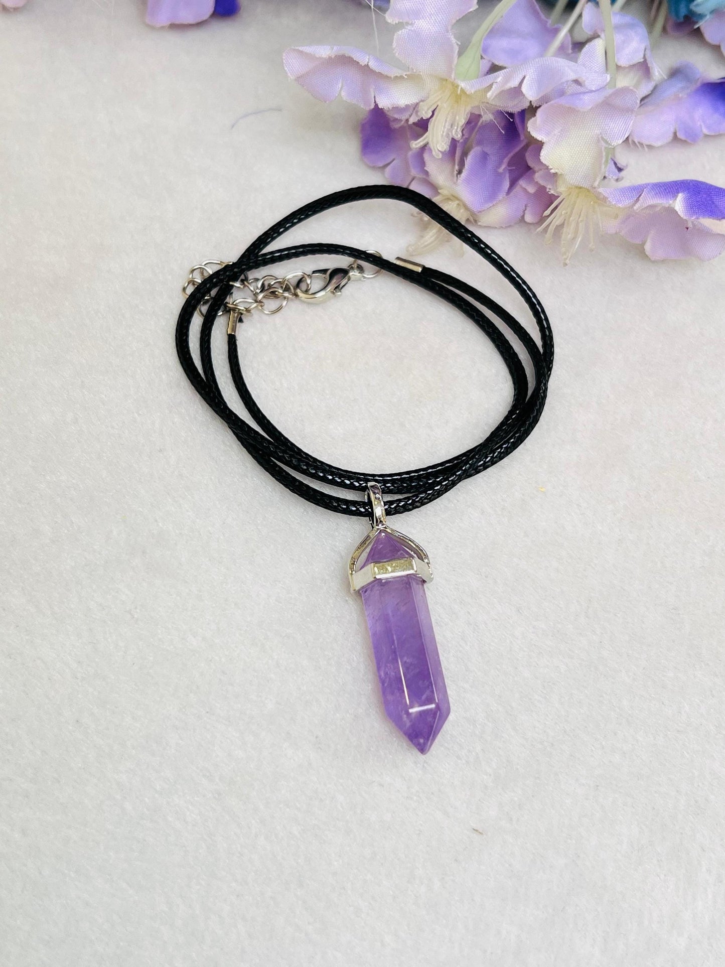 Vera Cruz Amethyst Stone Double Point Pencil Pendant with Black Cord