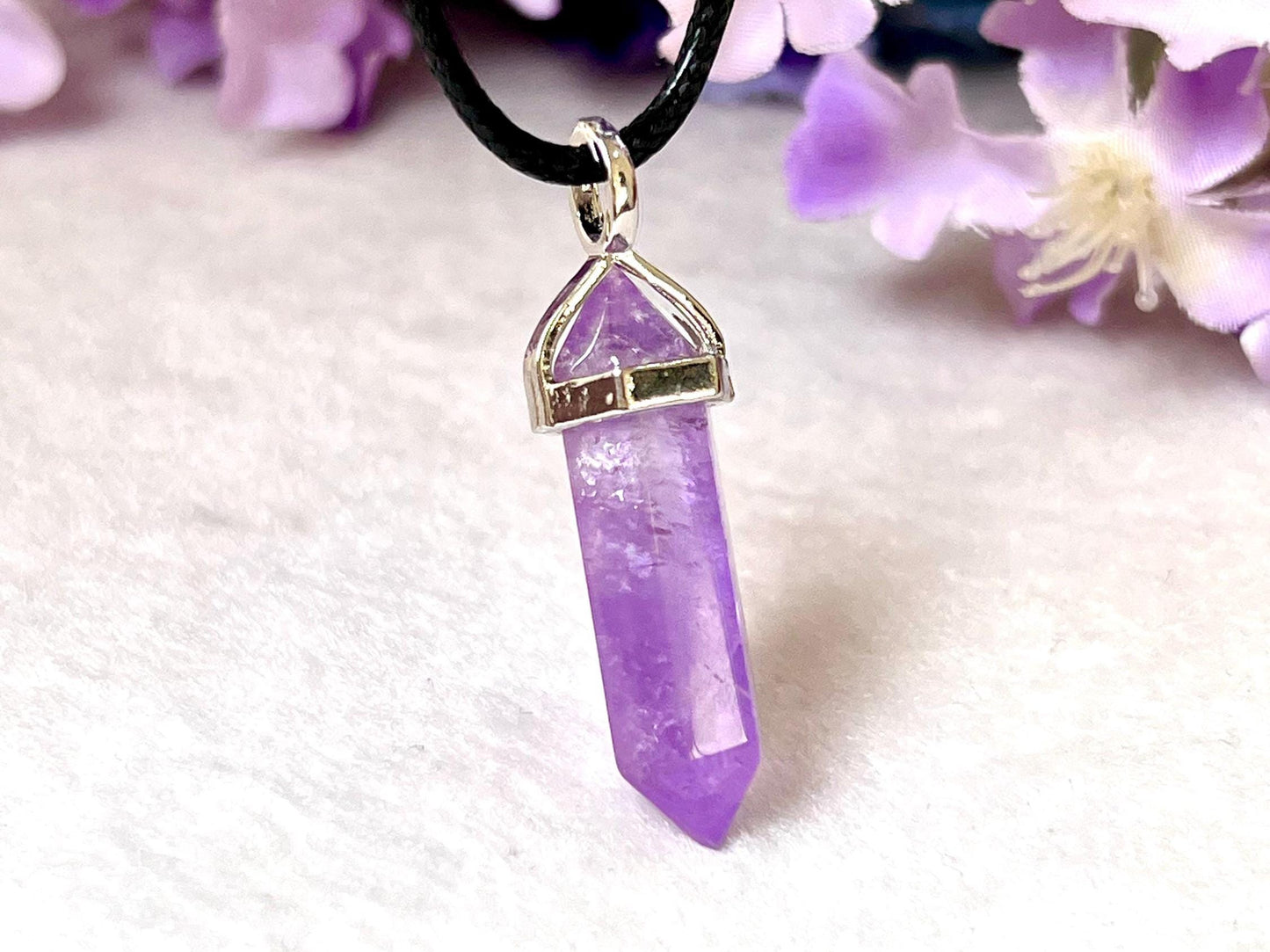 Vera Cruz Amethyst Stone Double Point Pencil Pendant with Black Cord