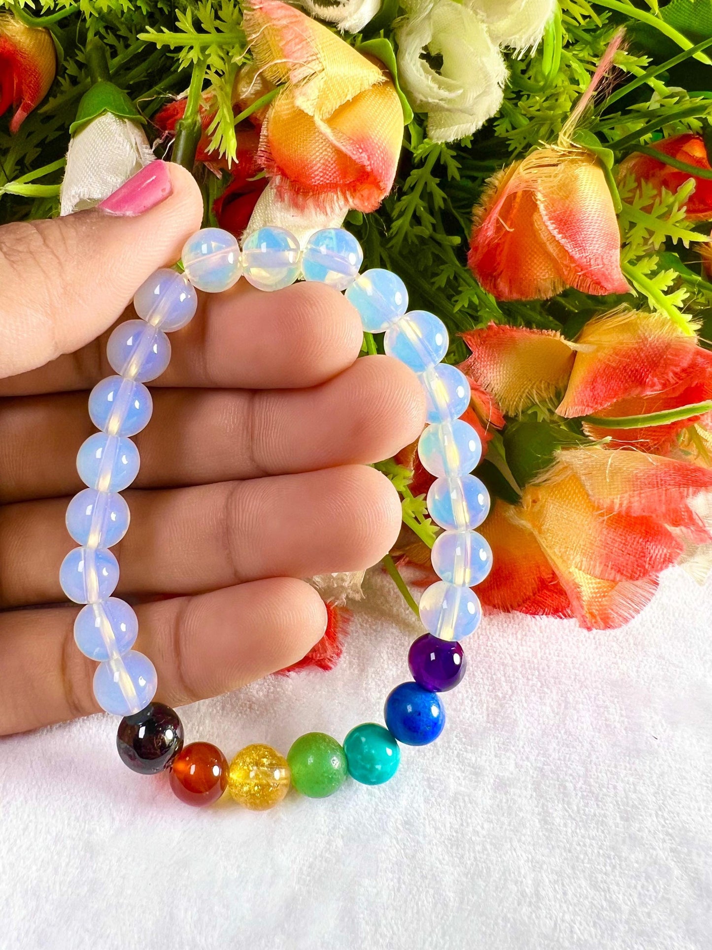 7 Chakra With Opalite Stone Bracelet l Stretchable Bracelet l Unisex Bracelet l 8 MM Bracelet