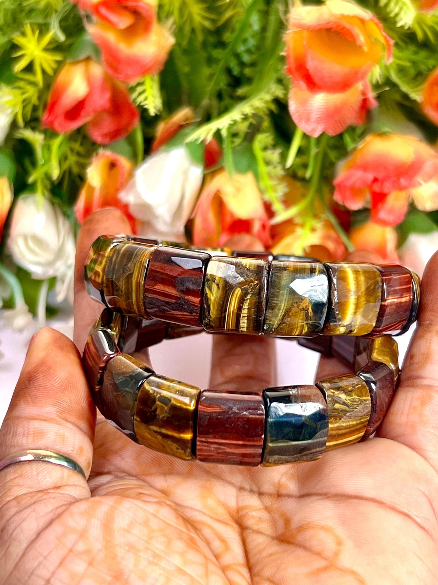15 MM 3 Color Tiger Eye Stone Bracelet l Blue Tiger Eye ,Red Tiger Eye and Yellow Tiger Eye l Stretchable Bracelet High Grade