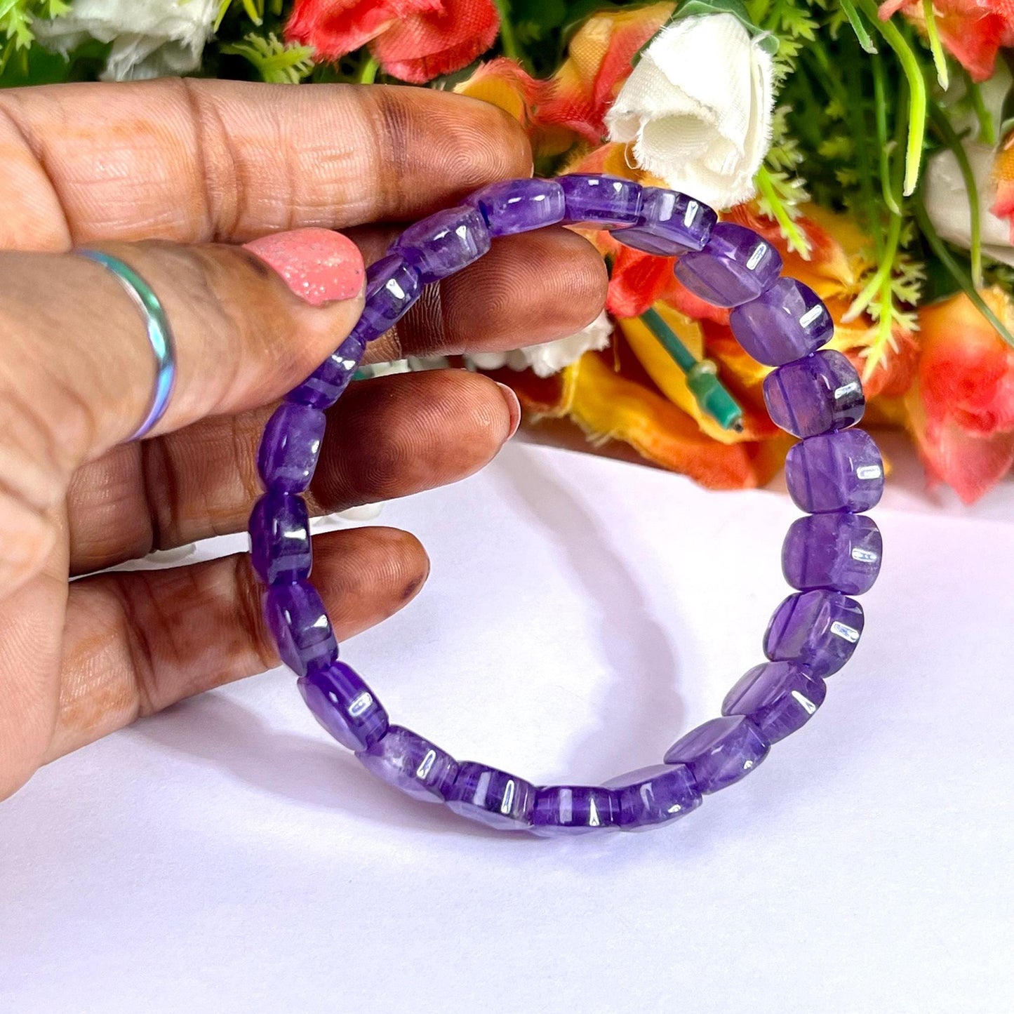 15 MM Amethyst Stone Bracelet l Stretchable Bracelet AAAAA +++++