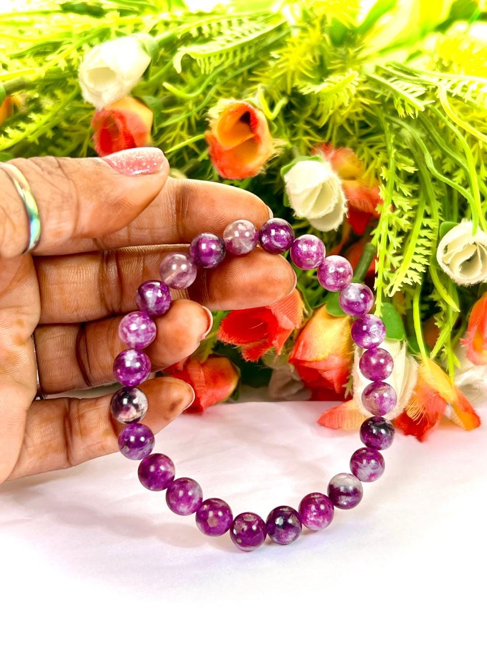 Red Purple Star Lepidolite Stone Bracelet l Stretchable Bracelet l Unisex Bracelet l 8 MM Bracelet