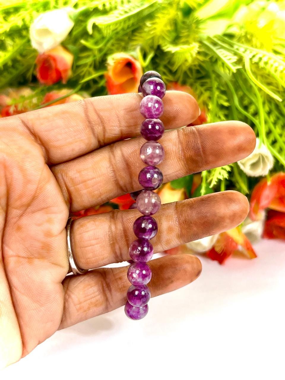 Red Purple Star Lepidolite Stone Bracelet l Stretchable Bracelet l Unisex Bracelet l 8 MM Bracelet
