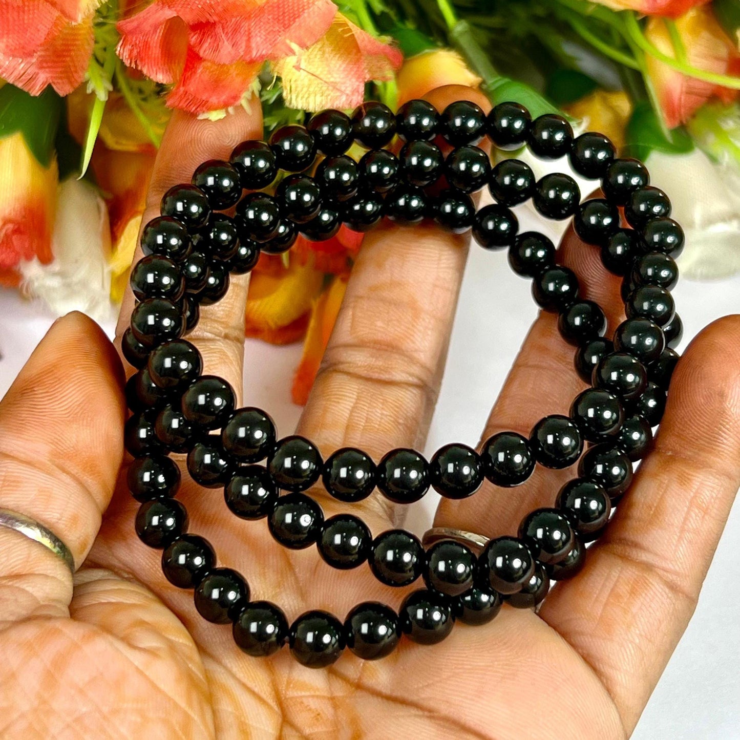 6.8 MM TIBETAN Black Tektite Glass Stone Bracelet l Stretchable Bracelet l Unisex Bracelet