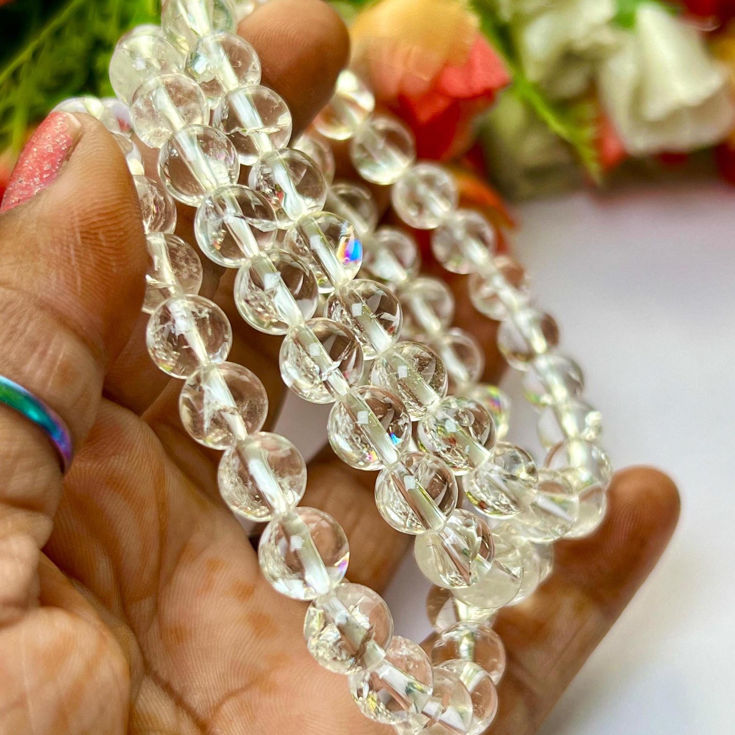 Rainbow Anandalite Quartz Aurora Quartz Crystal Stone Bracelet l Stretchable Bracelet l Unisex Bracelet l 8 MM Bracelet