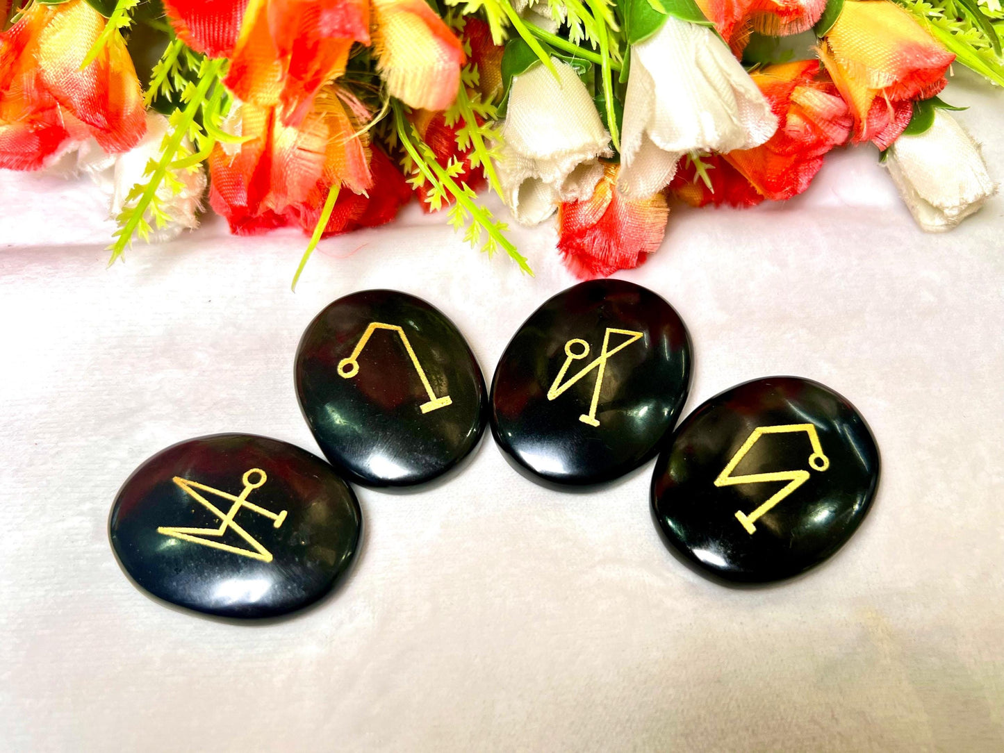 Black Obsidian Stone Archangel Stones Set Uriel, Michael, Raphael, Gabriel Orthodox Christian Church Four Archangels Symbol Set
