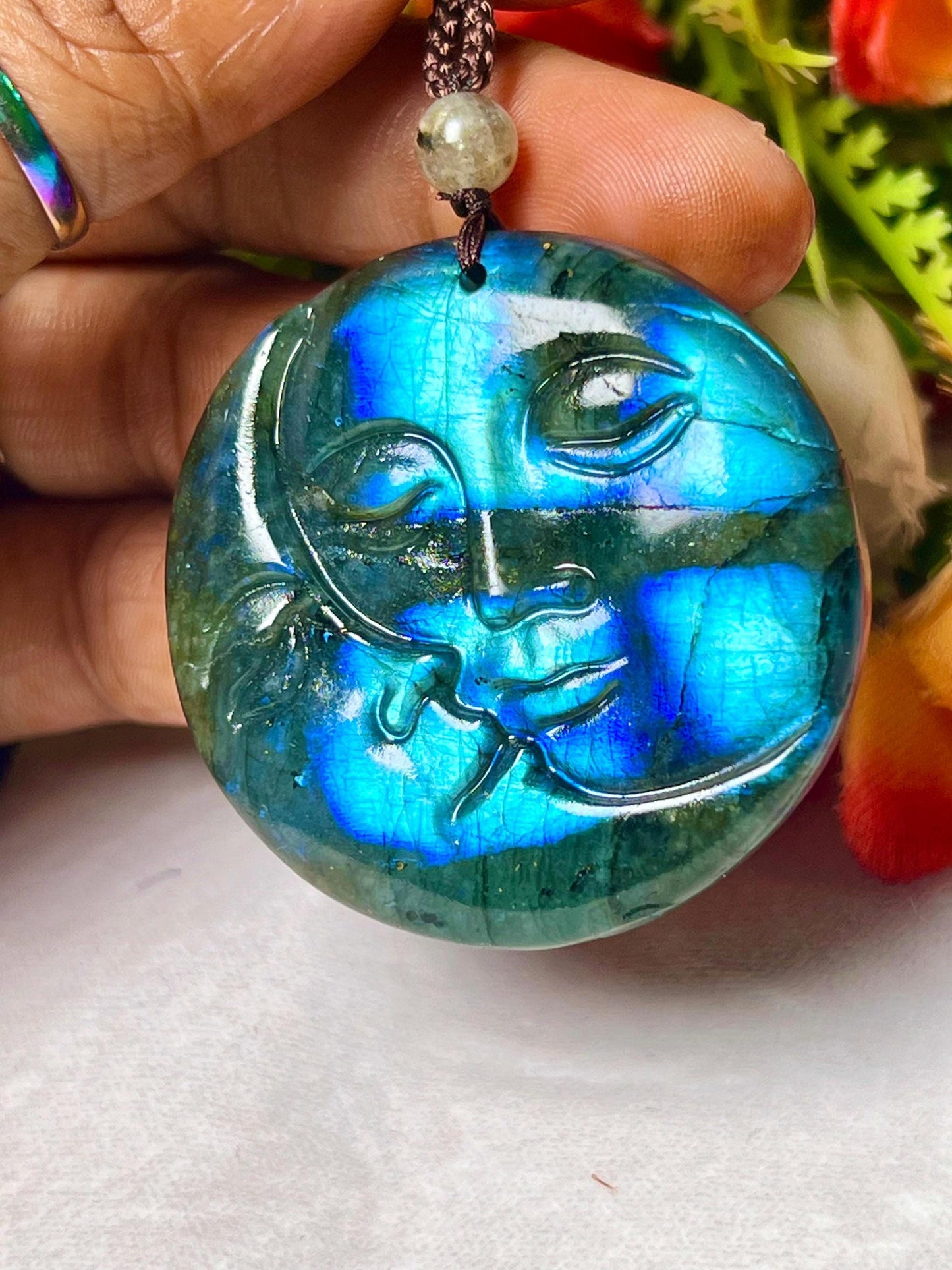 2" Labradorite Stone Sun and Moon Face Carving Pendant Necklace – Mystical Glow for Balance & Protection