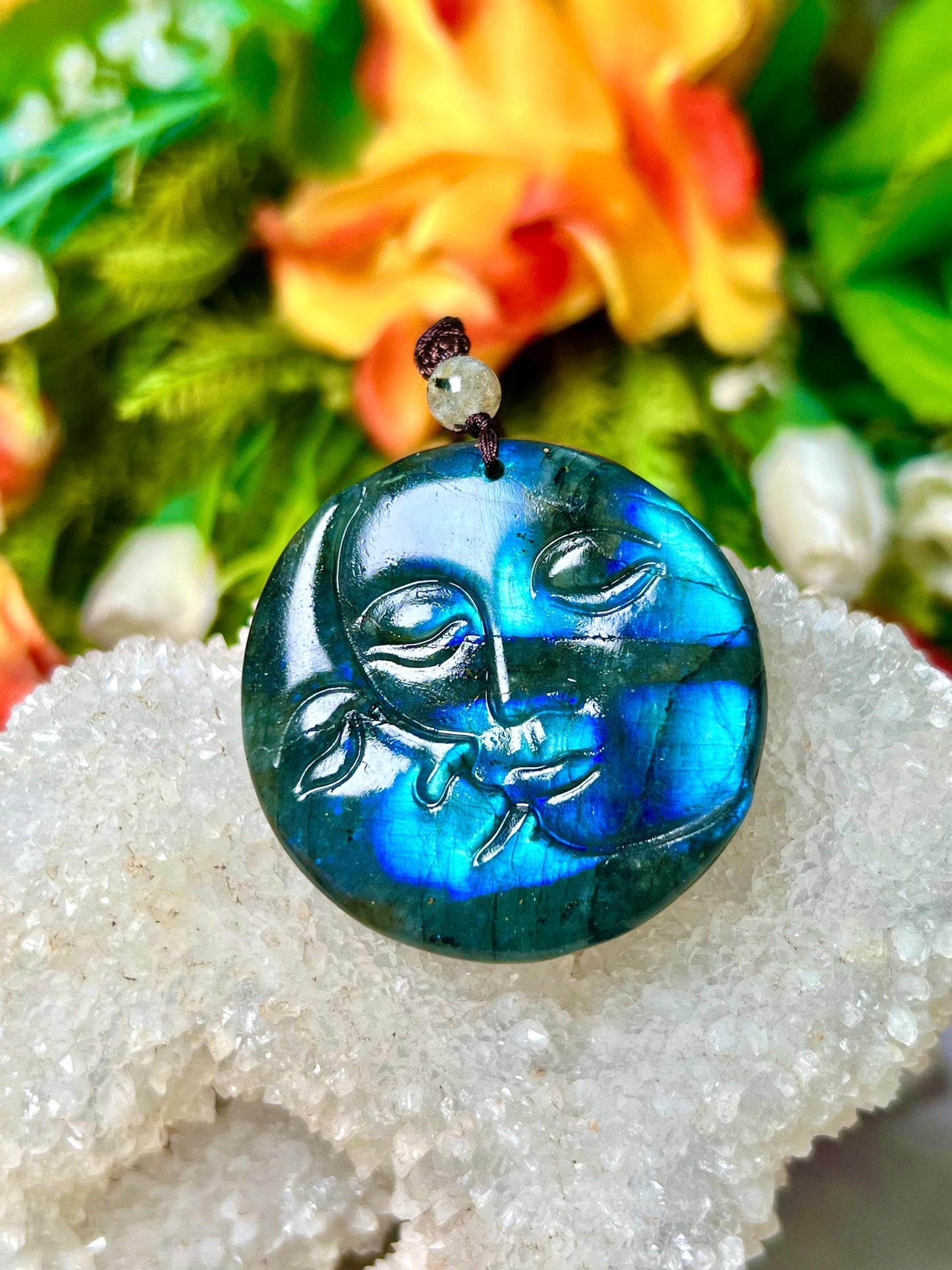 2" Labradorite Stone Sun and Moon Face Carving Pendant Necklace – Mystical Glow for Balance & Protection