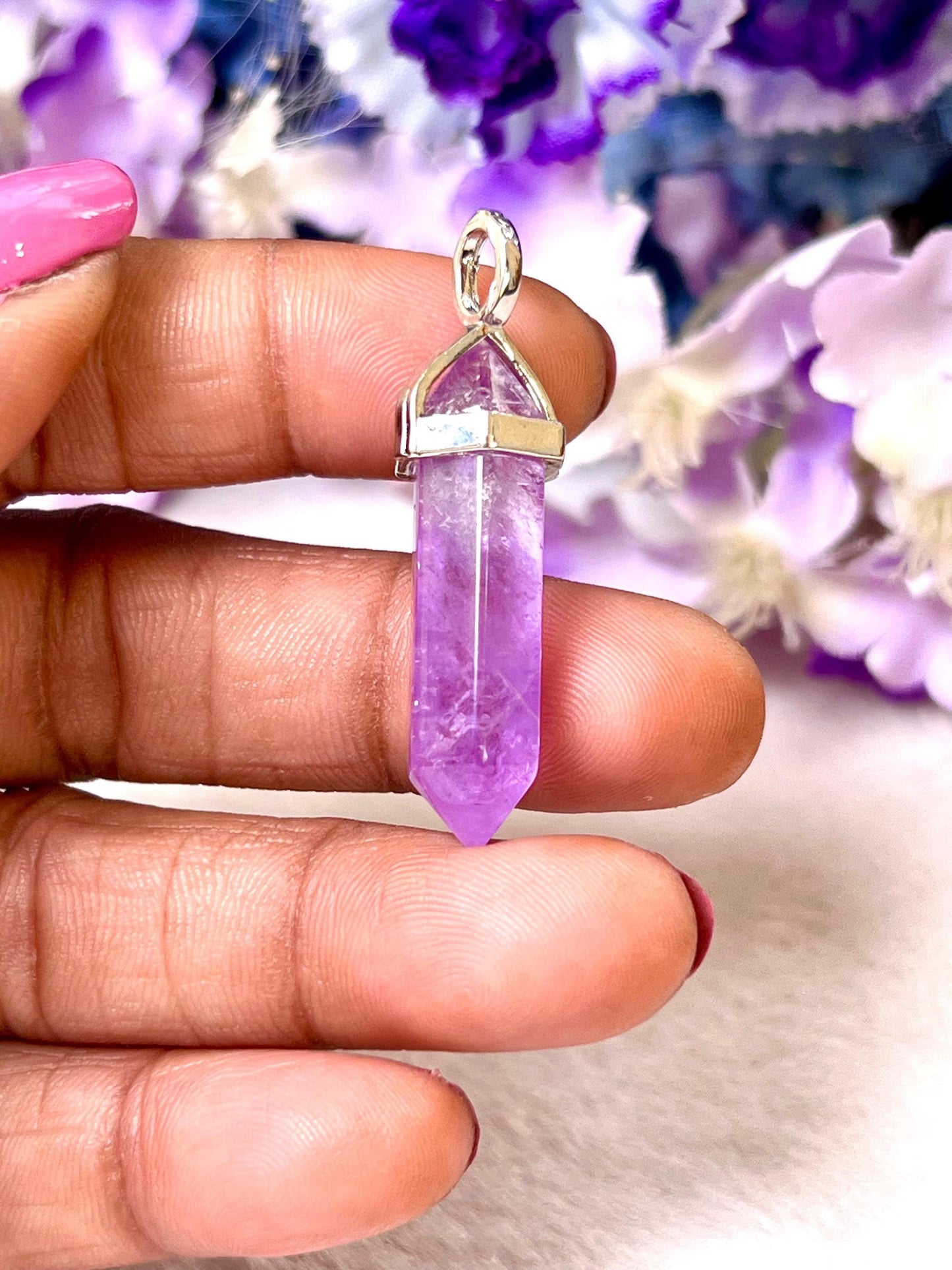 Vera Cruz Amethyst Stone Double Point Pencil Pendant with Black Cord
