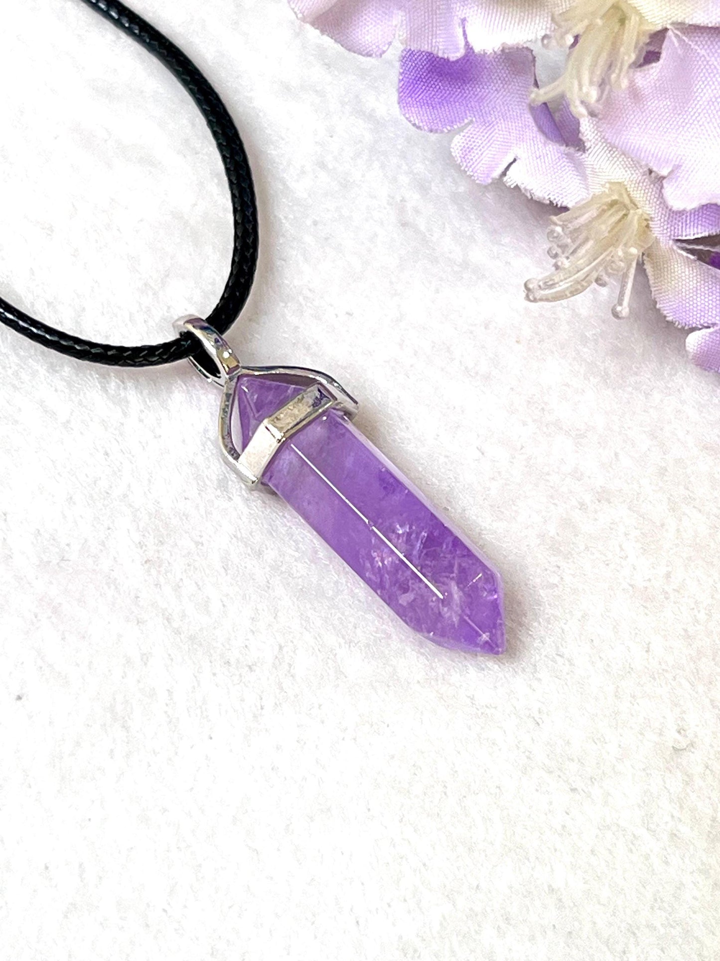 Vera Cruz Amethyst Stone Double Point Pencil Pendant with Black Cord