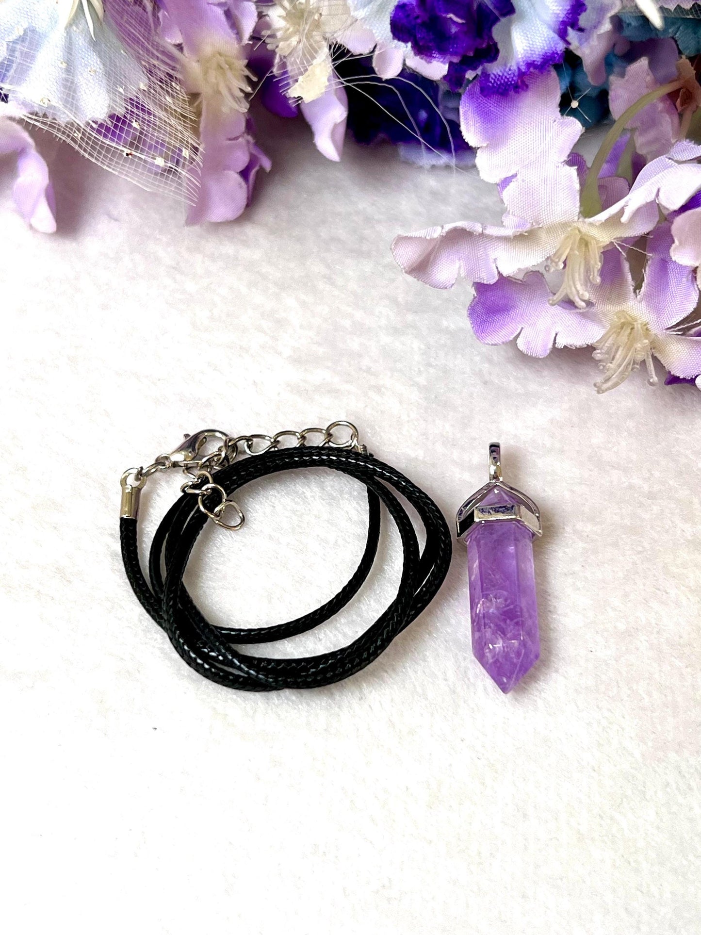Vera Cruz Amethyst Stone Double Point Pencil Pendant with Black Cord
