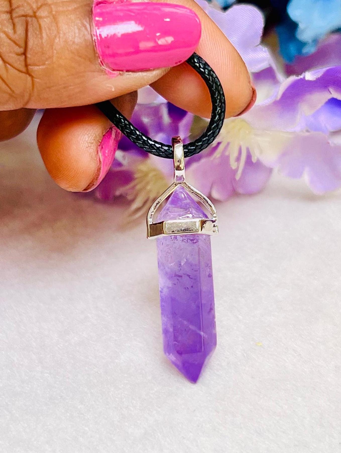 Vera Cruz Amethyst Stone Double Point Pencil Pendant with Black Cord
