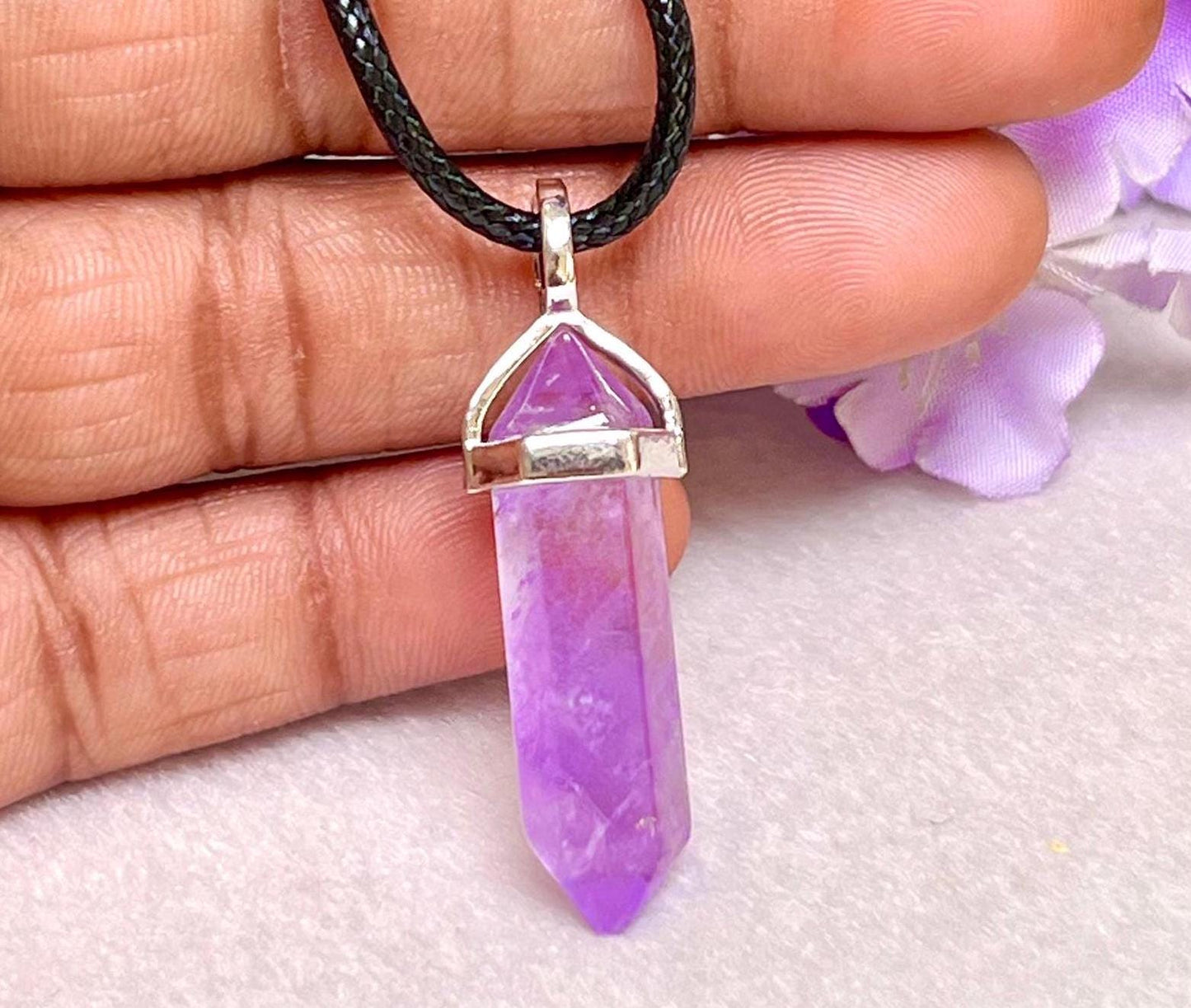 High-Vibration Vera Cruz Amethyst Double Point Pencil Pendant | Spiritual Healing Crystal Necklace