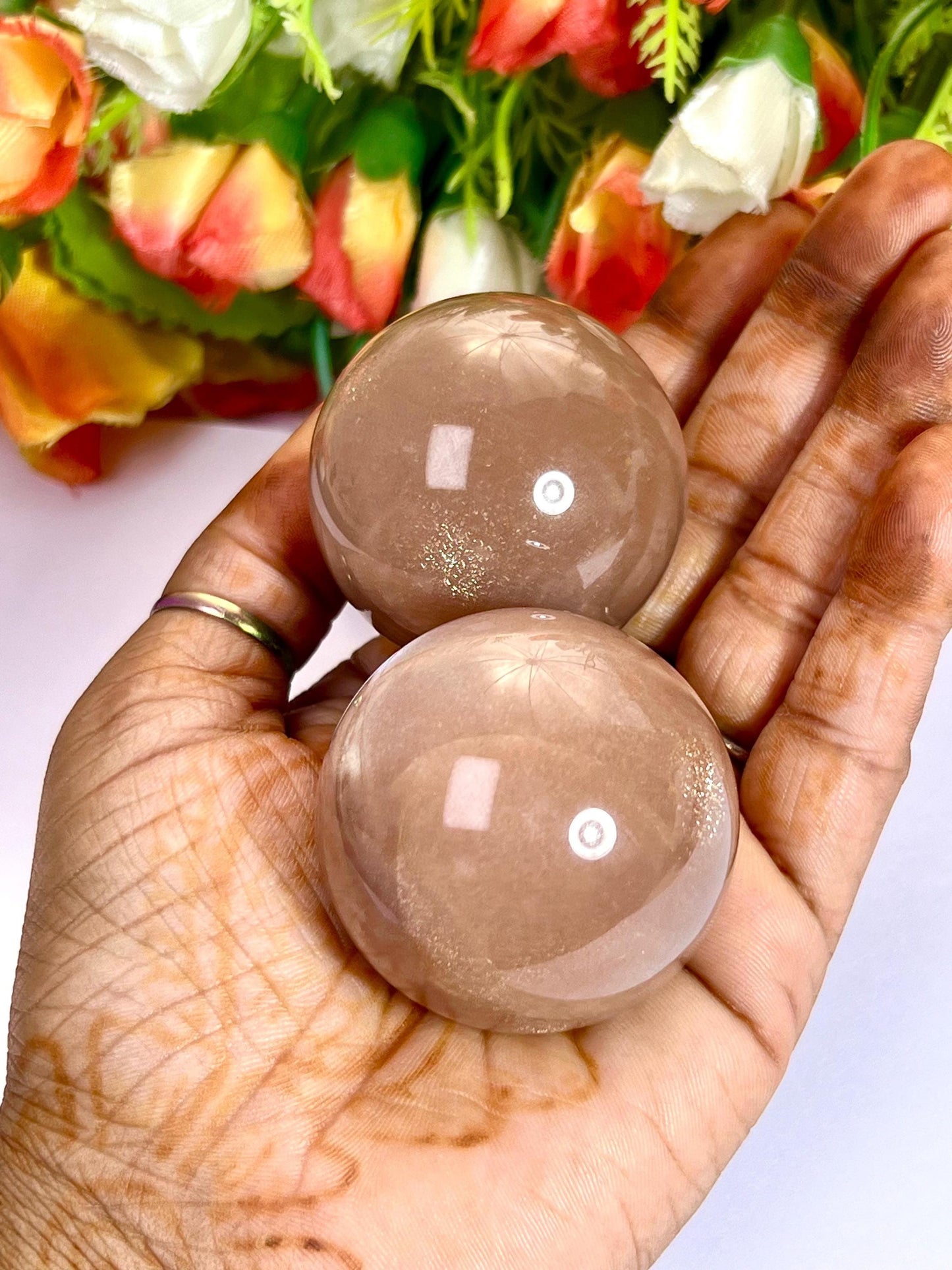 Silver Flash Peach Moonstone Sphere 40 MM Crystal Ball Orb Pocket Stone Meditation Space Crystal Grid With wooden Stand